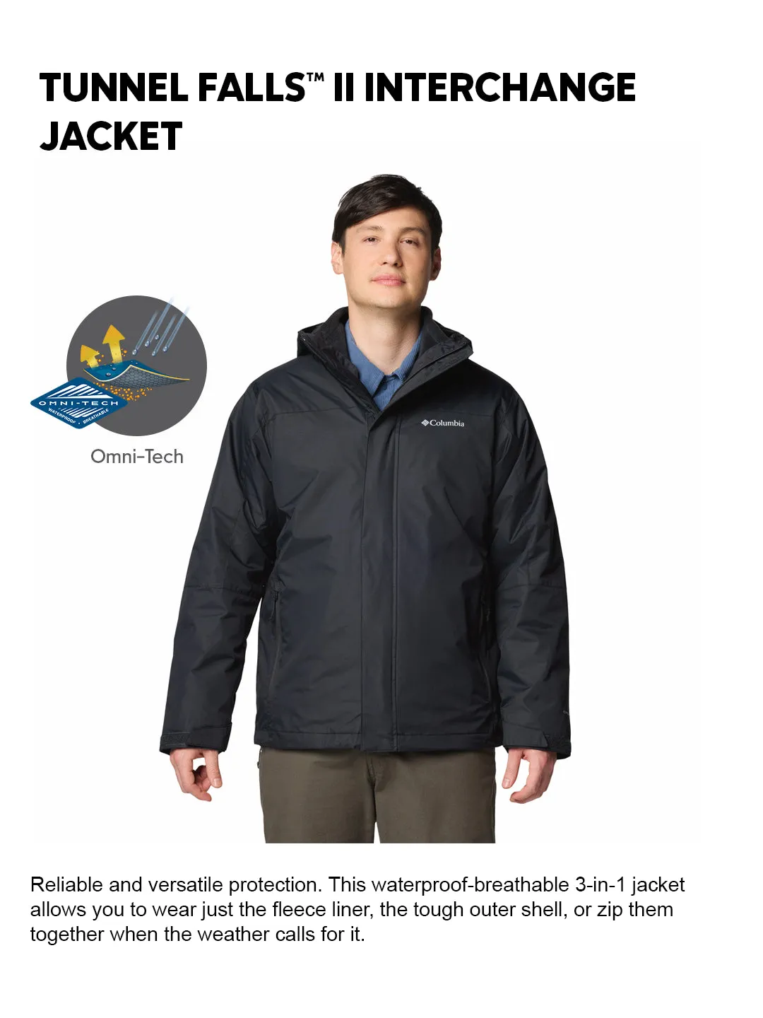 Urban Activity Columbia Men Black OmniTech Tunnel Falls II Interchangeable Jacket