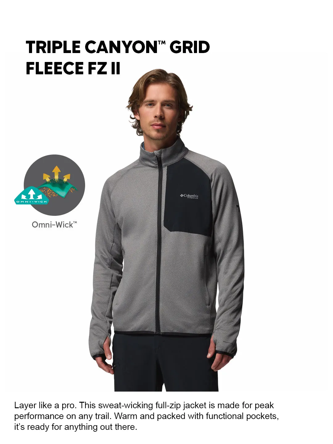 Columbia Men Grey OmniWick Triple Canyon Grid II Fleece Jacket thermal fabric Moisture Wicking Inner