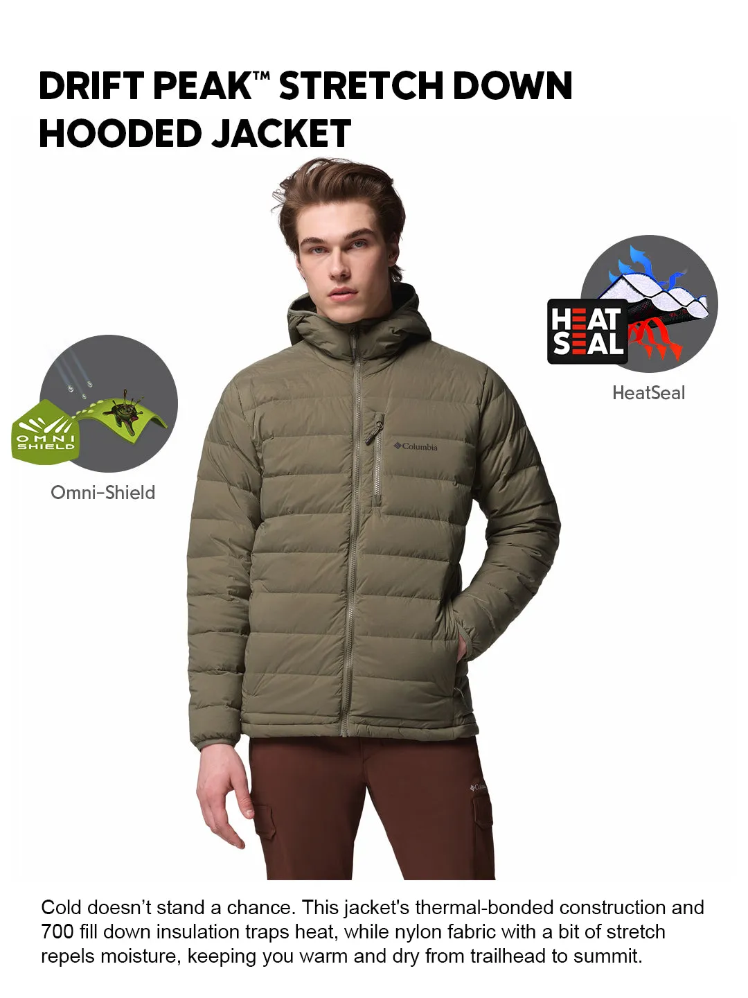 Feel Action Columbia Men Green HEAT SEAL Drift Peak Stretch Down Jacket