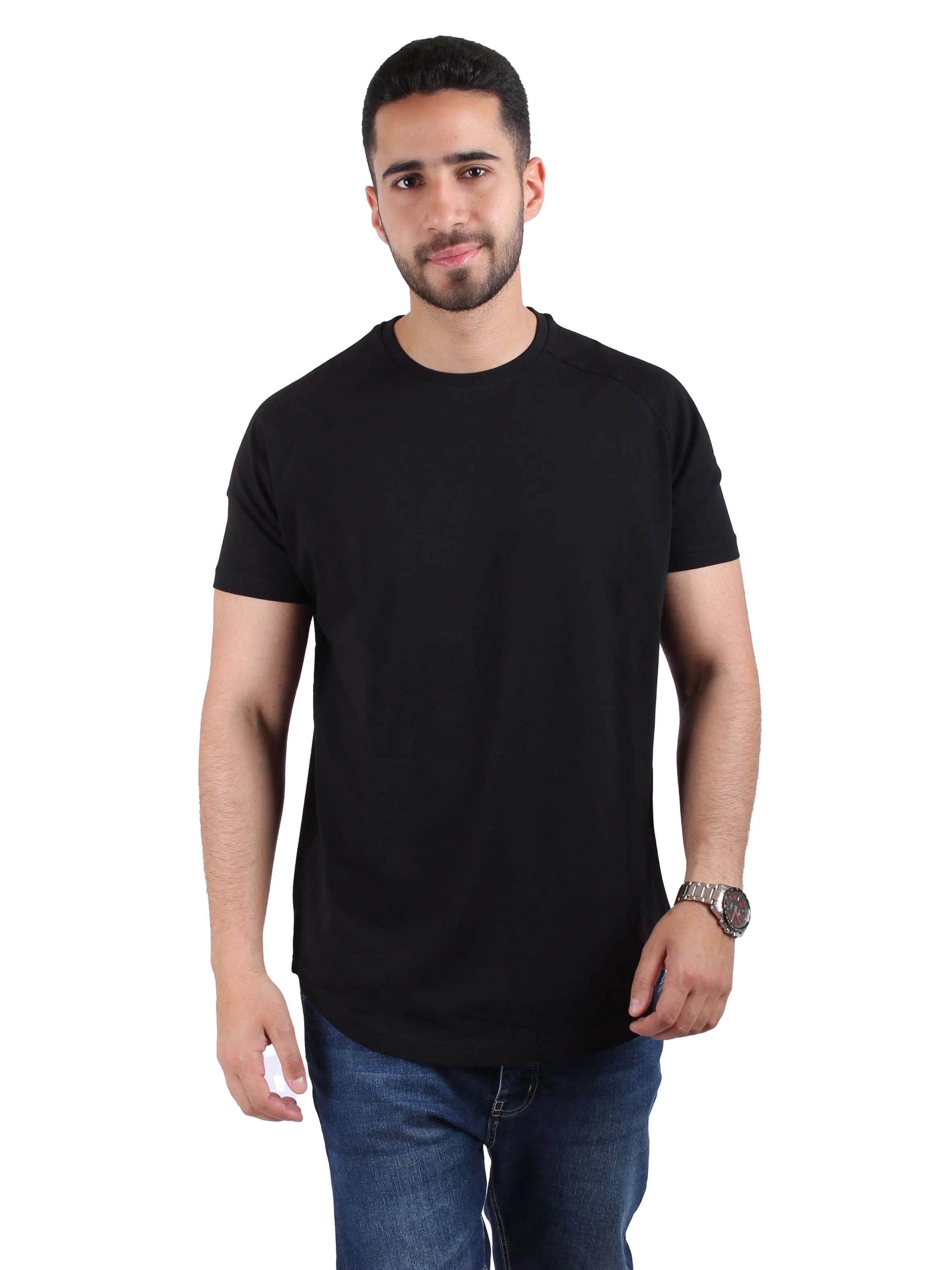 Seamless Bonding Solid Raglan Cotton Round T-Shirt Men - Black