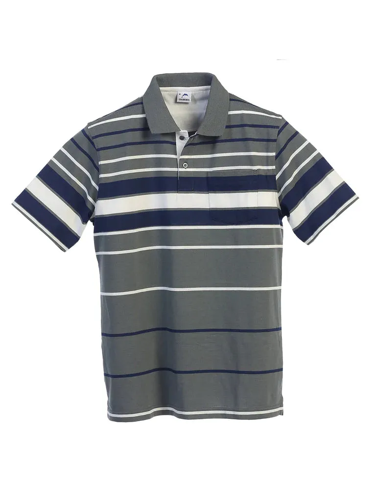 Button-Down Collar Durable Double Stitching Mens Striped Polo Shirt With Pocket - Yarn Dye