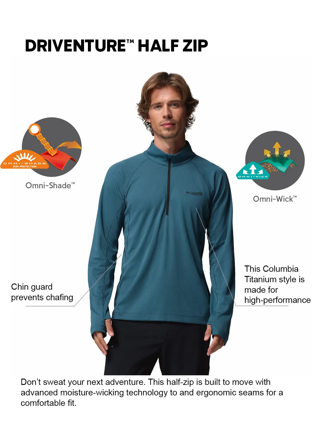 Heather Texture Columbia Men Teal OmniShade UPF 50 DriVenture Sweatshirt