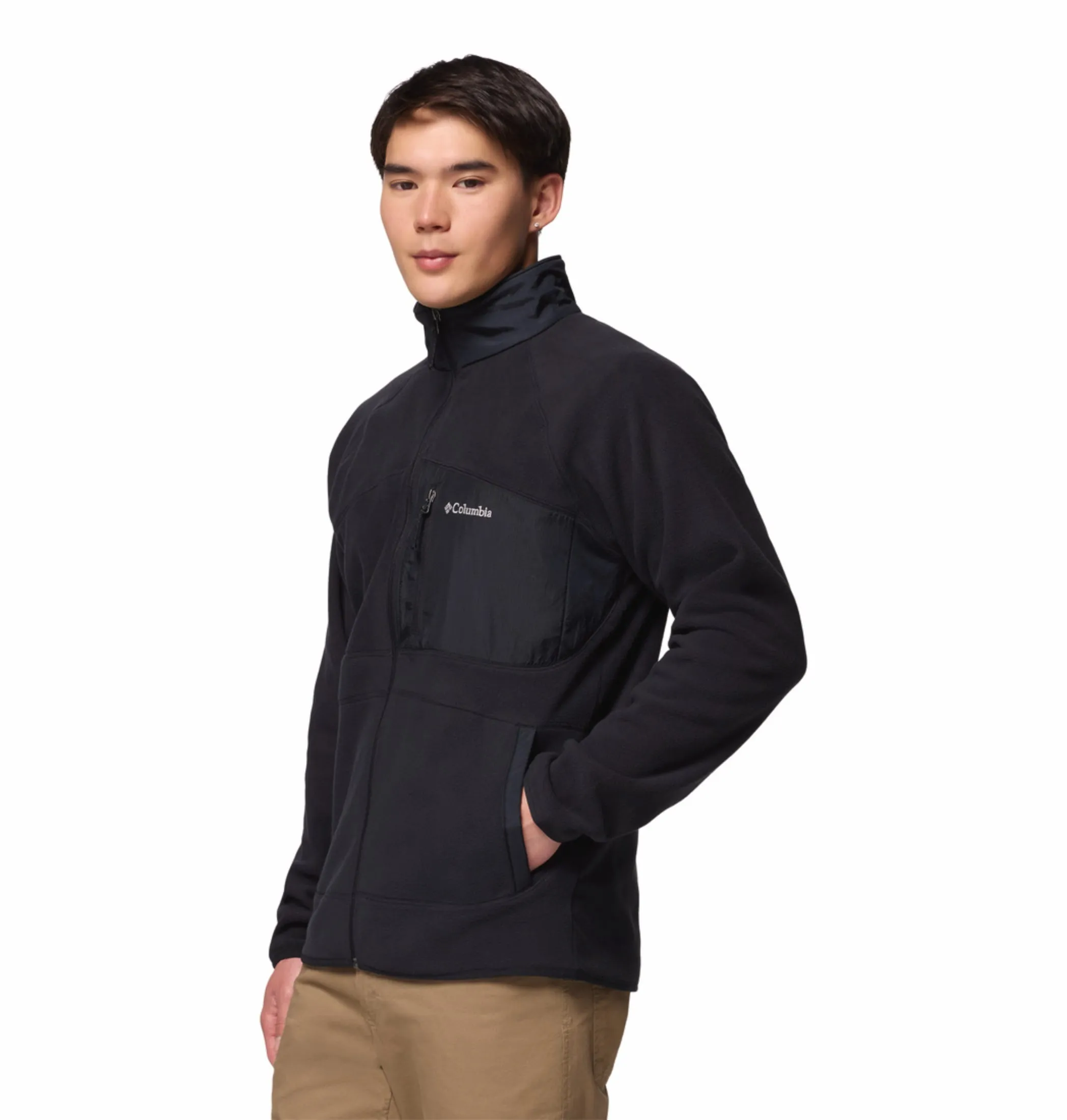 Wind Resistant Columbia Men Black Fast Trek Overlay Fleece Jacket
