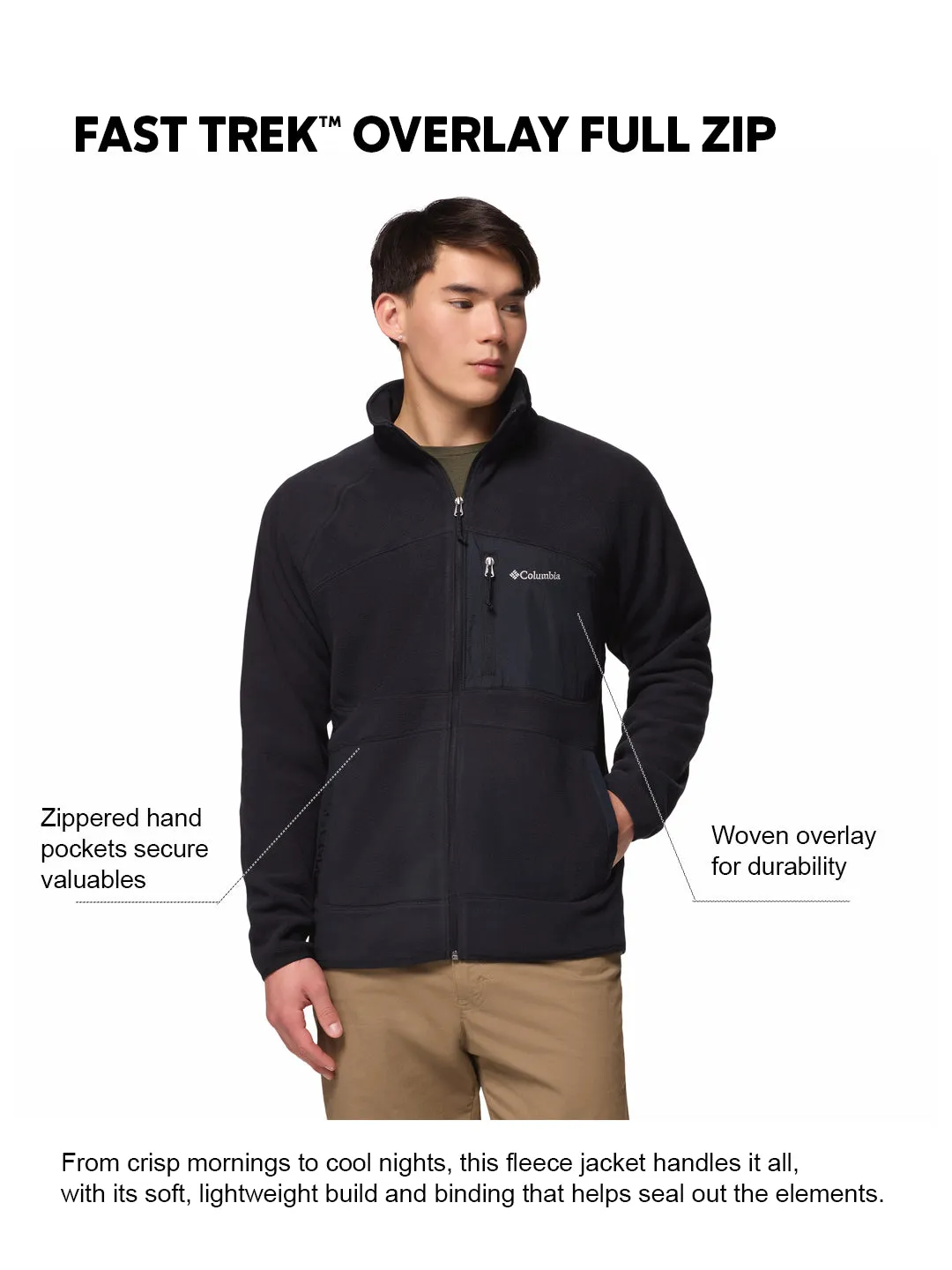 Columbia Men Black Fast Trek Overlay Fleece Jacket Thermal Outfit Low Pilling Surface