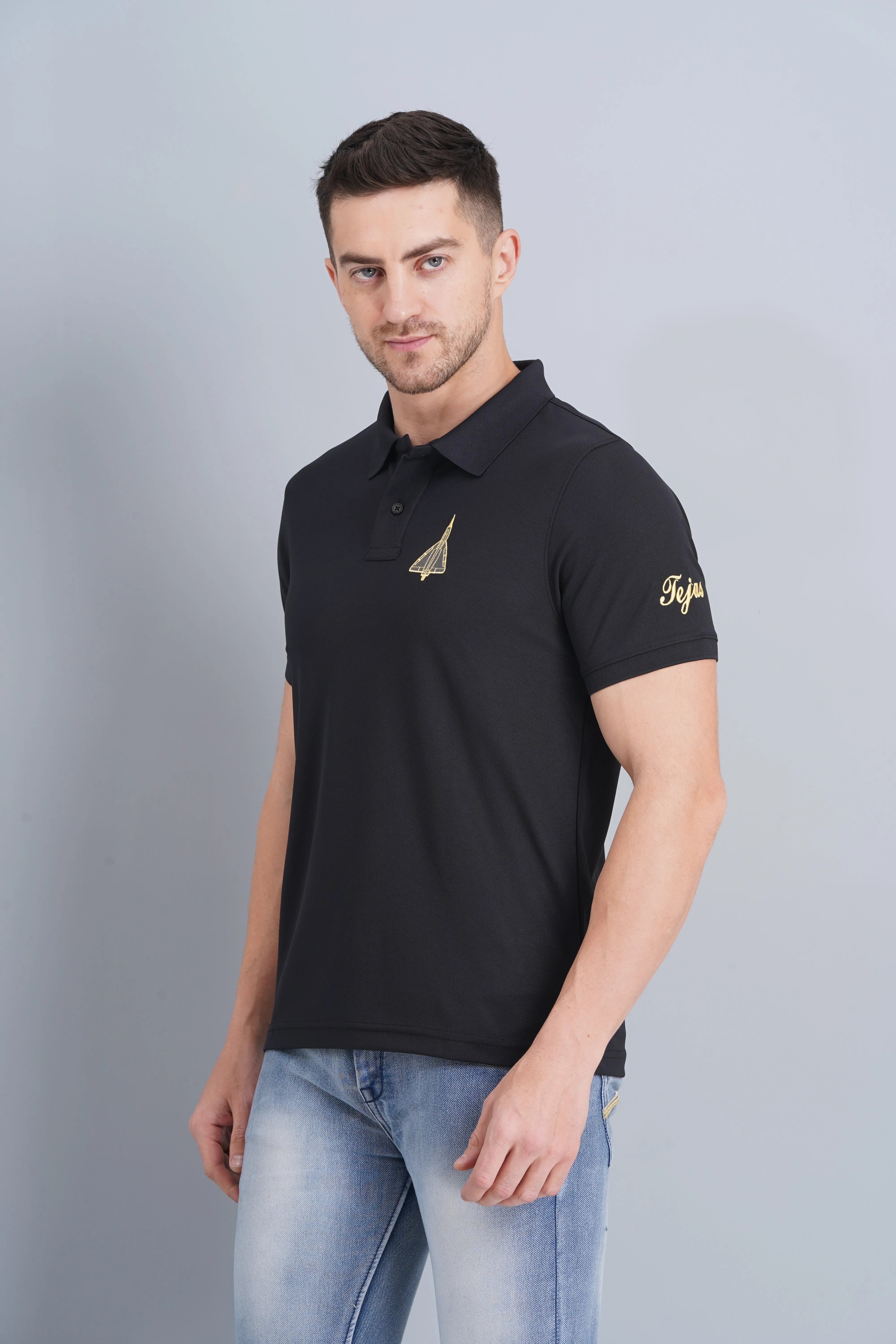 Men's Polo T Shirt Tejas Black Recycled Polyester Mix