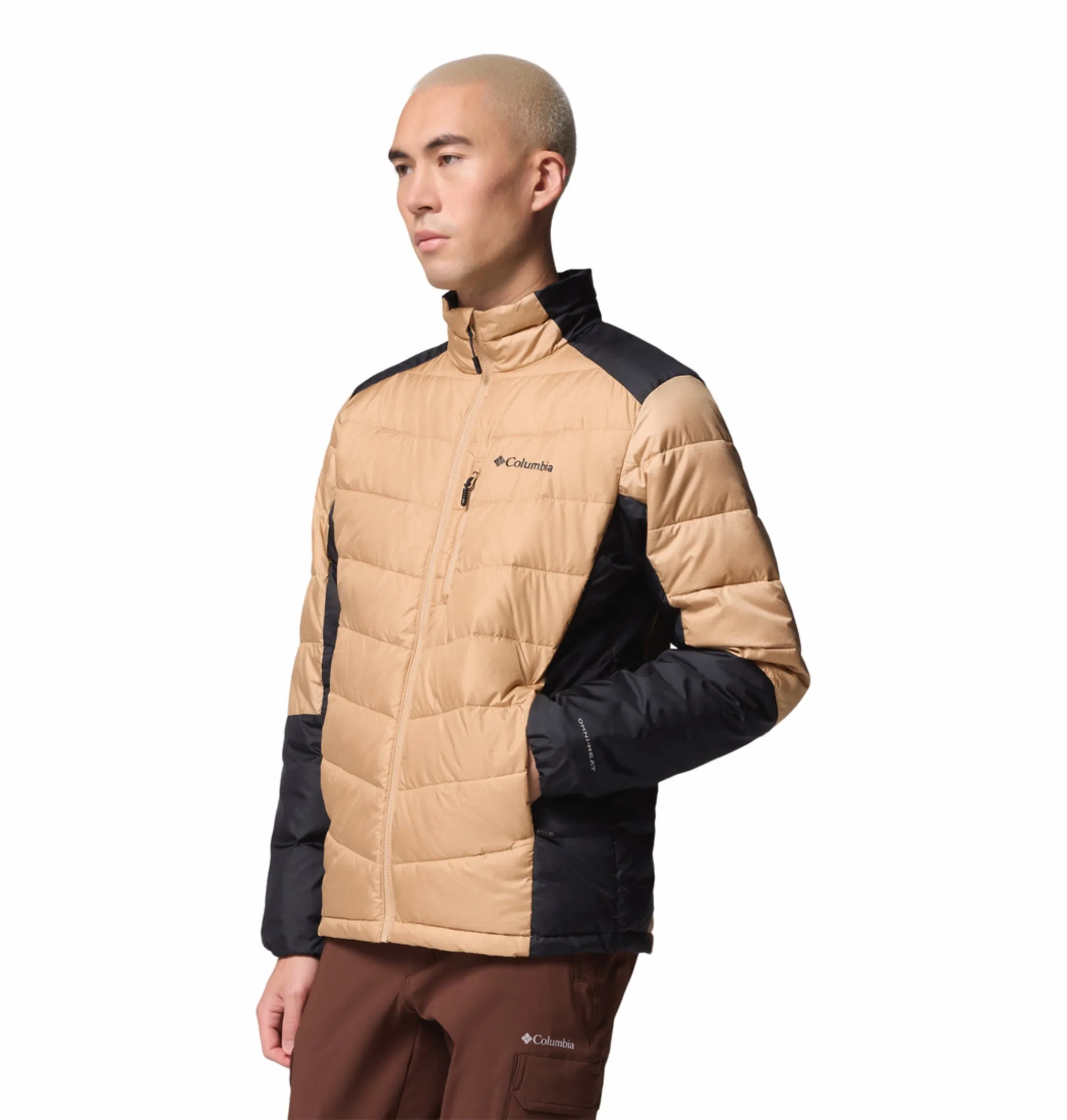 Quiet Fabric Tear Resistant Panels Columbia Men Beige OmniHeat Infinity Labyrinth Loop II Down Jacket