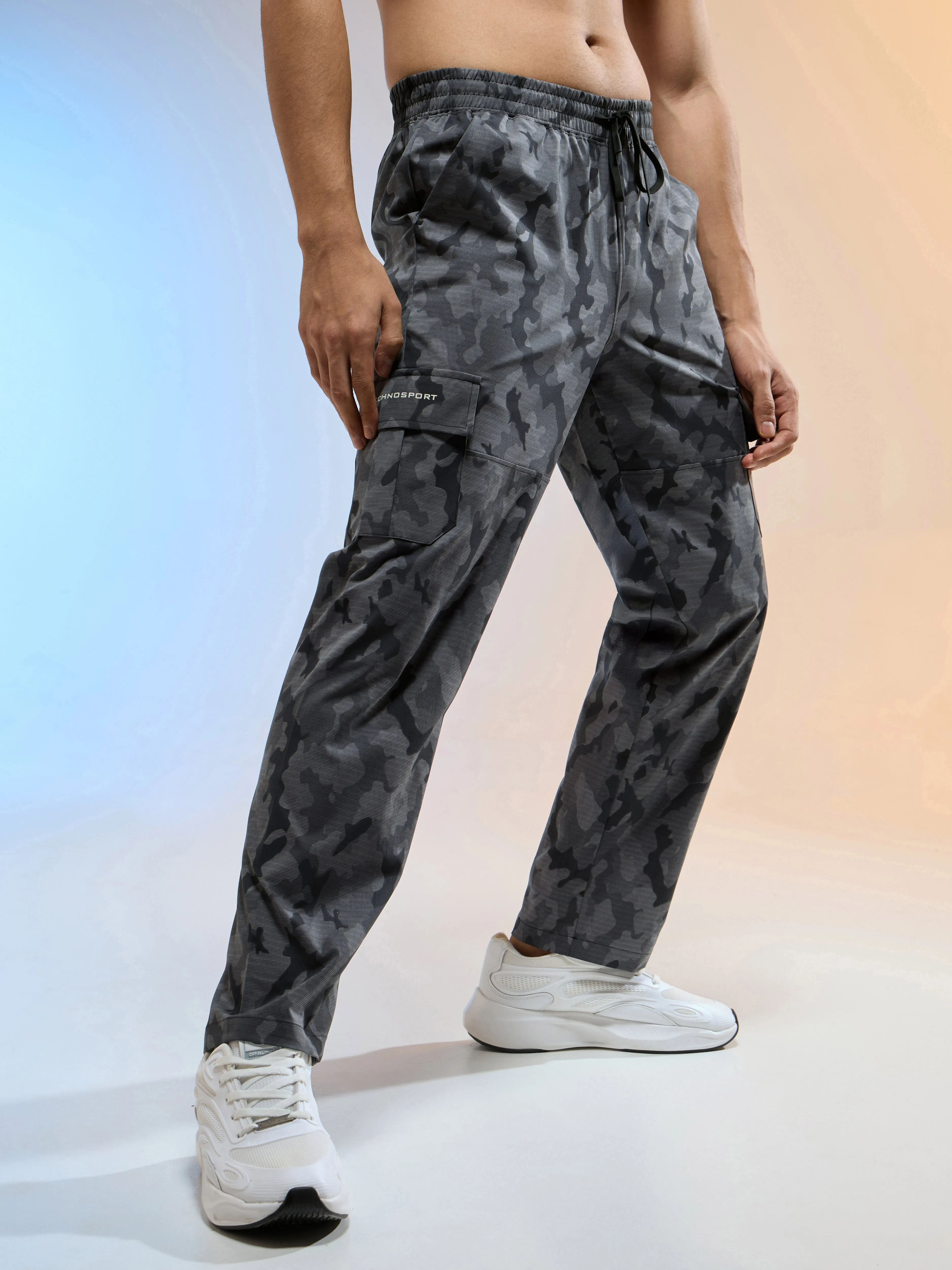 Men Printed Straight Fit Sports Cargo Trackpants with TS LYTRA Versatile Footwear Poolside Ready