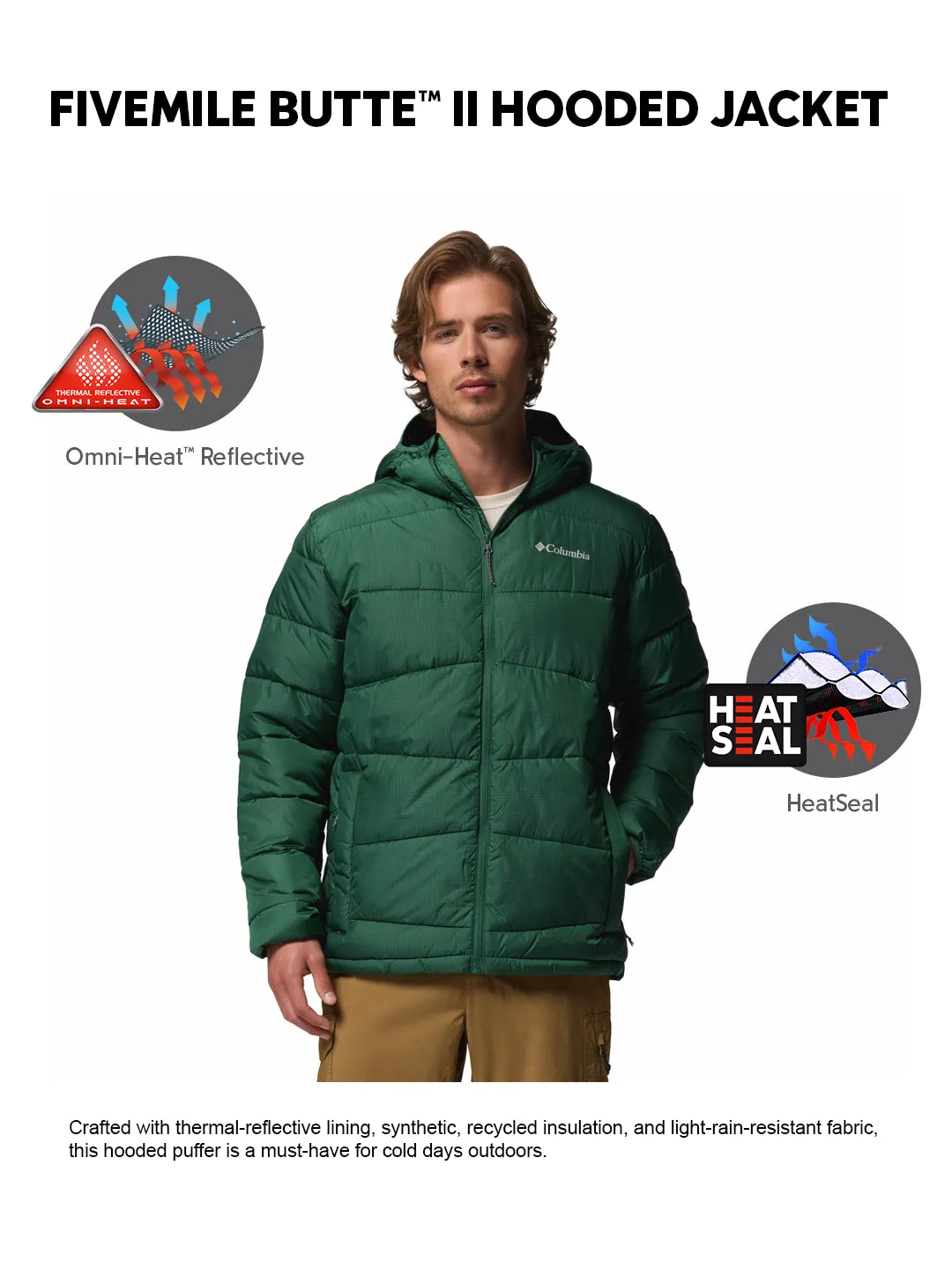 Columbia Men Green OmniHeat Reflective Fivemile Butte II Down Jacket Bronzer suitable for summer sports