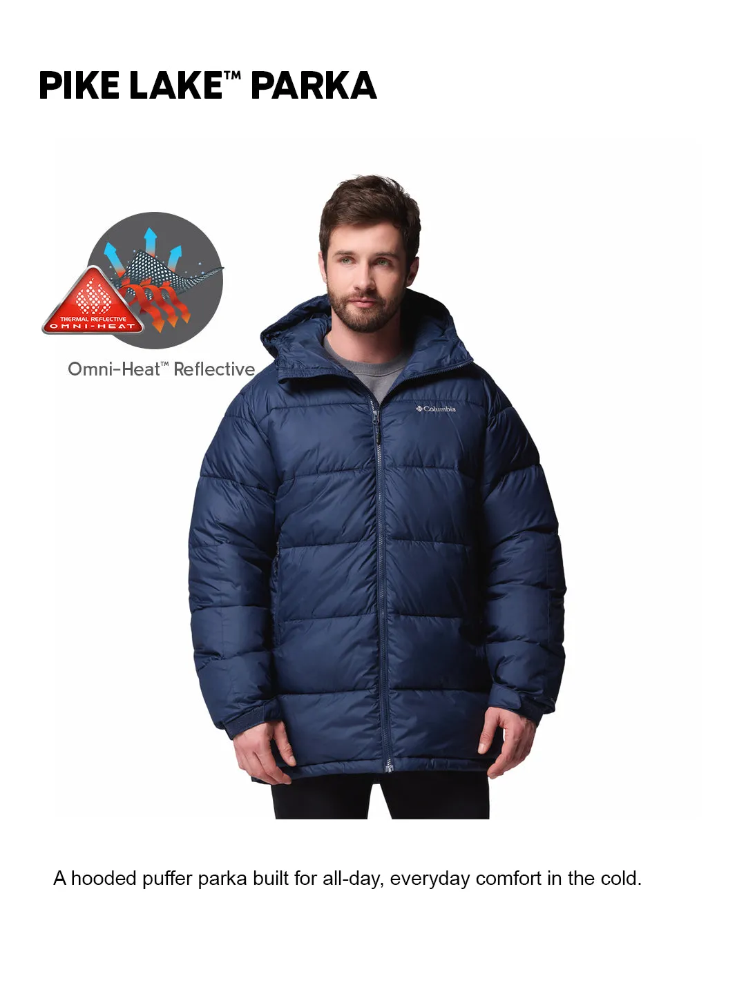 Columbia Men Navy Blue OmniHeat Reflective Pike Lake Parka Jacket Winter Gear