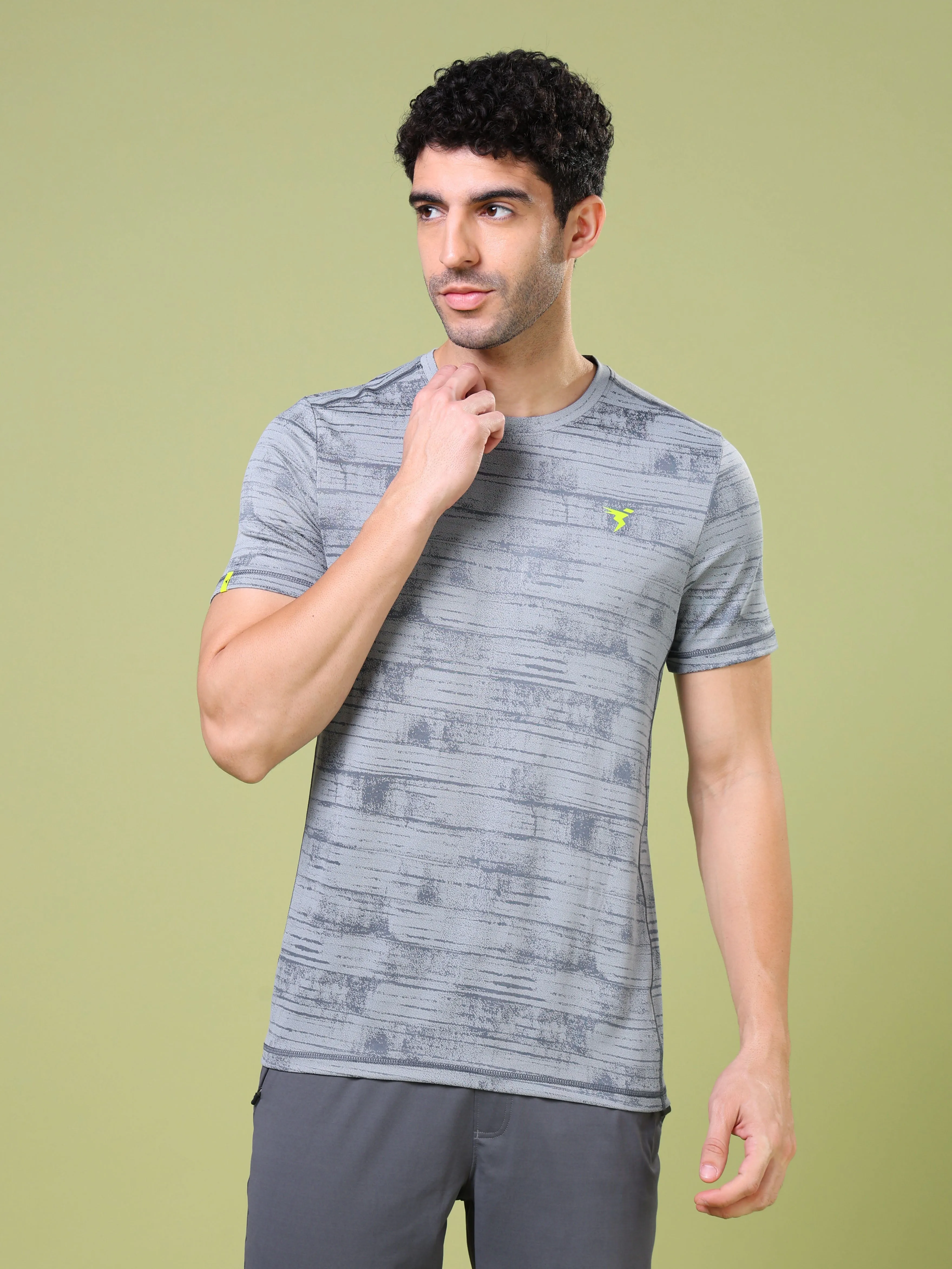 Men Jacquard Slim Fit Crew Neck T-shirt with DOUBLE COOL Playful Prints Reinforced Shoulder