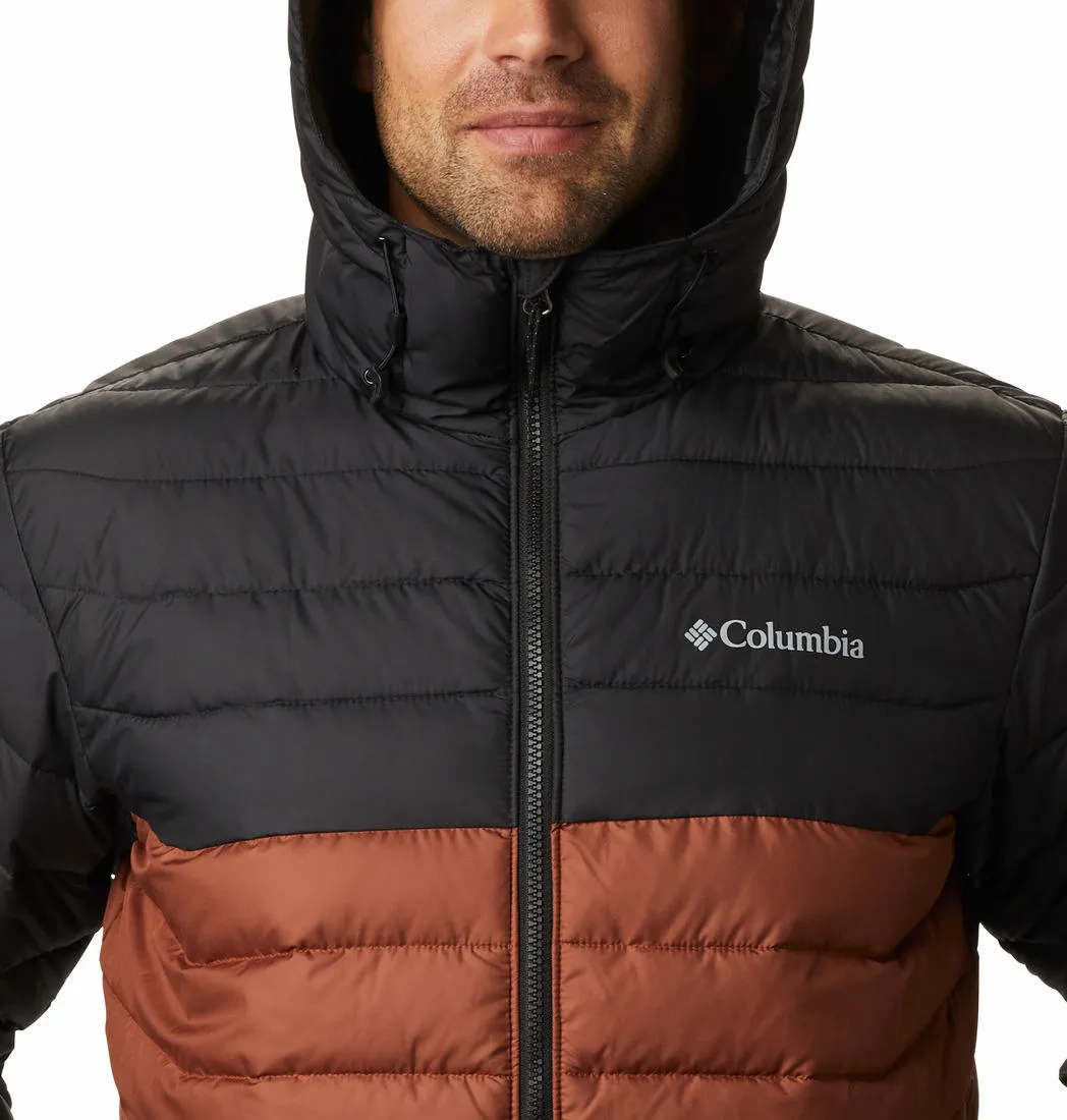 Columbia Men Brown Powder Lite Hooded Jacket Secure Storage Compartments Waterproof Fabric
