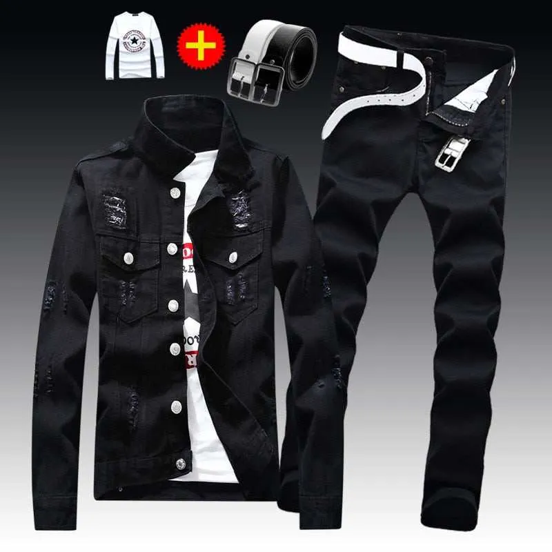 Durable Summer Vibes Parent Style Trendy Breathable Men's Denim Jacket Pants Single Breasted Holes Casual Suit