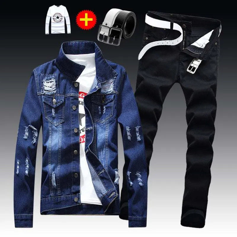 Smart Casual Athlete Fit Men's Denim Jacket Pants Single Breasted Holes Casual Suit