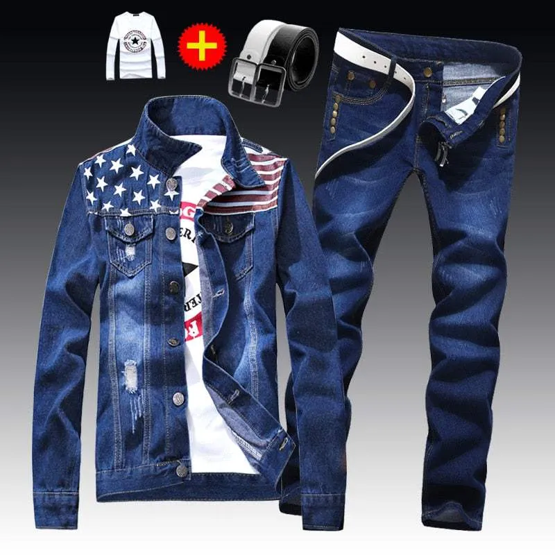 Textured Family Style Autumn Days Elegant Adult Fashion Men's Denim Jacket Pants Single Breasted Holes Casual Suit