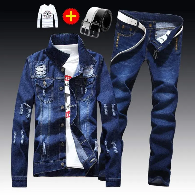 Sustainable Manufacturing Men's Denim Jacket Pants Single Breasted Holes Casual Suit