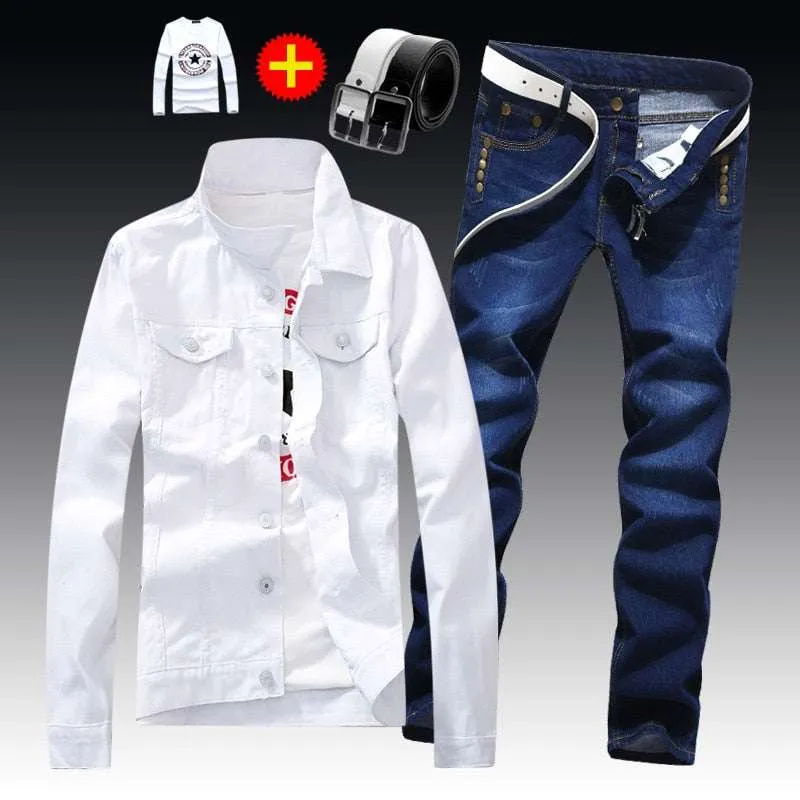 Youth Style Road Trip Outdoor Enthusiast Everyday Loose Music Event Men's Denim Jacket Pants Single Breasted Holes Casual Suit