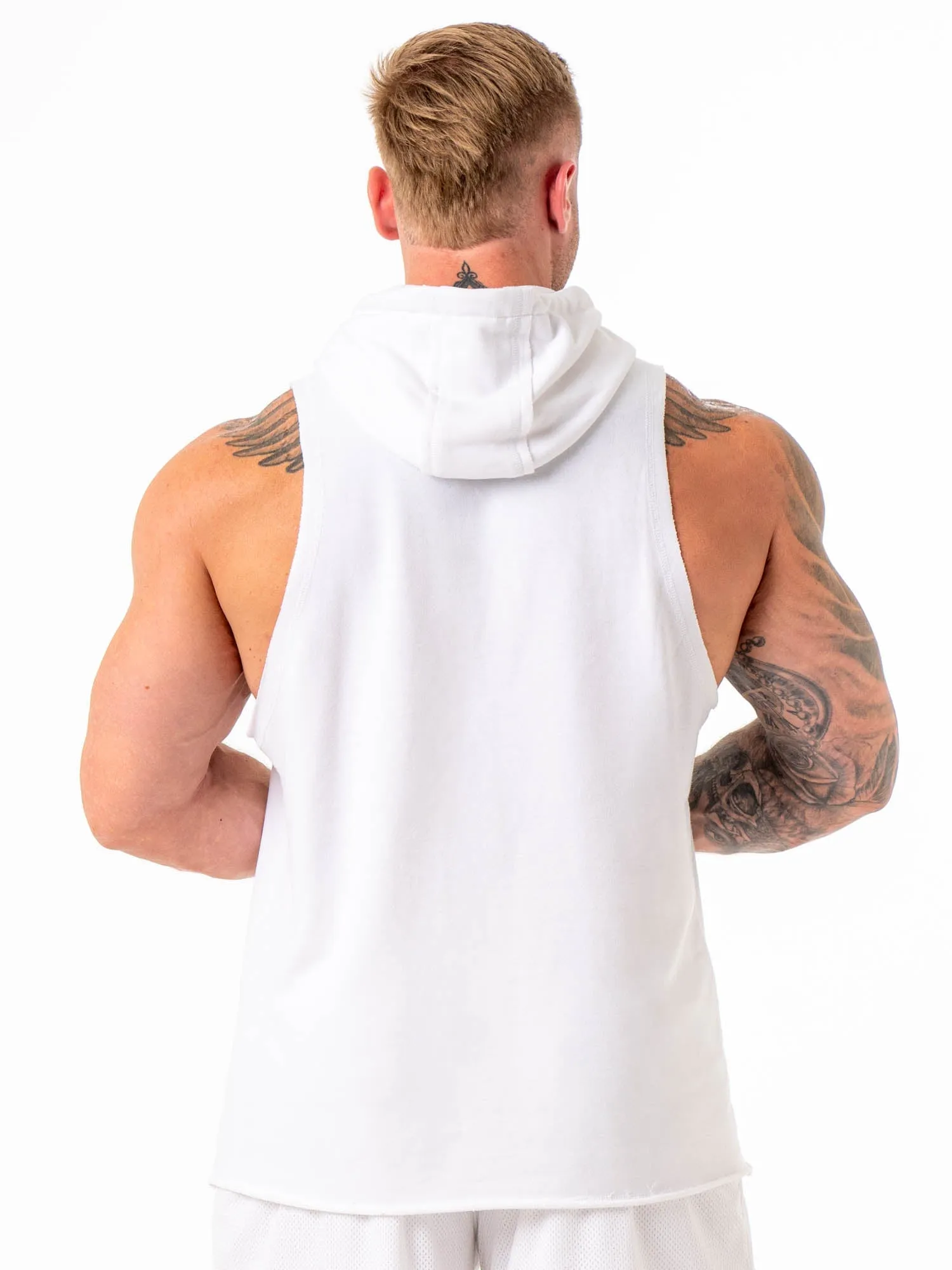 Collegiate Sleeveless Hoodie - White product tag identification Comfy Fit