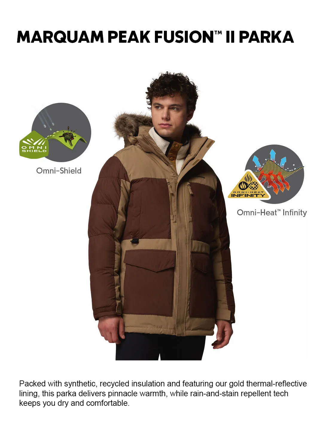 Columbia Men Brown OmniHeat Infinity Marquam Peak Fusion II Parka Jacket Urban Activity Subtle