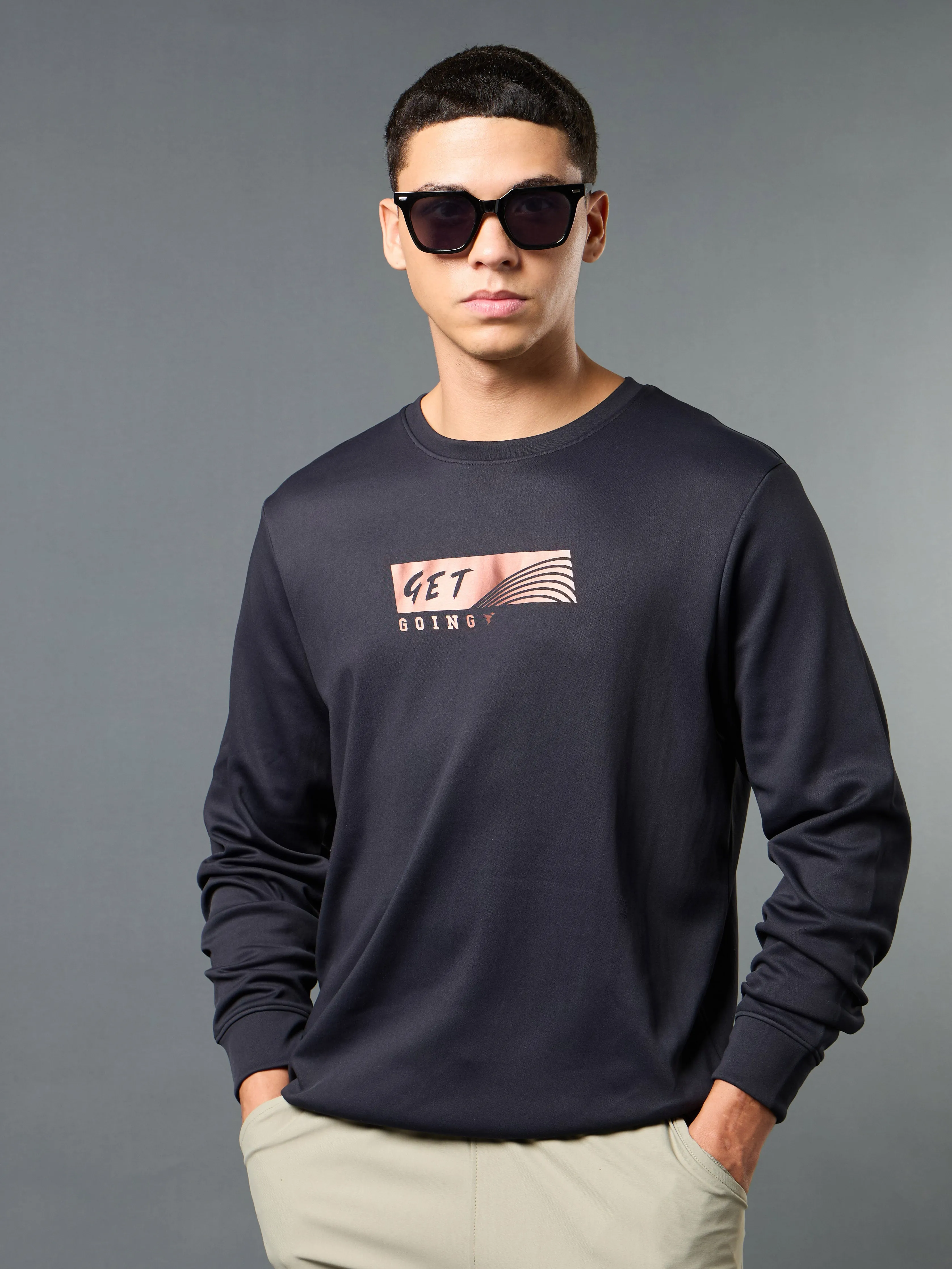 Men Printed Slim Fit Crew Neck Sweatshirt with ELASTO PLUS Daily Wear