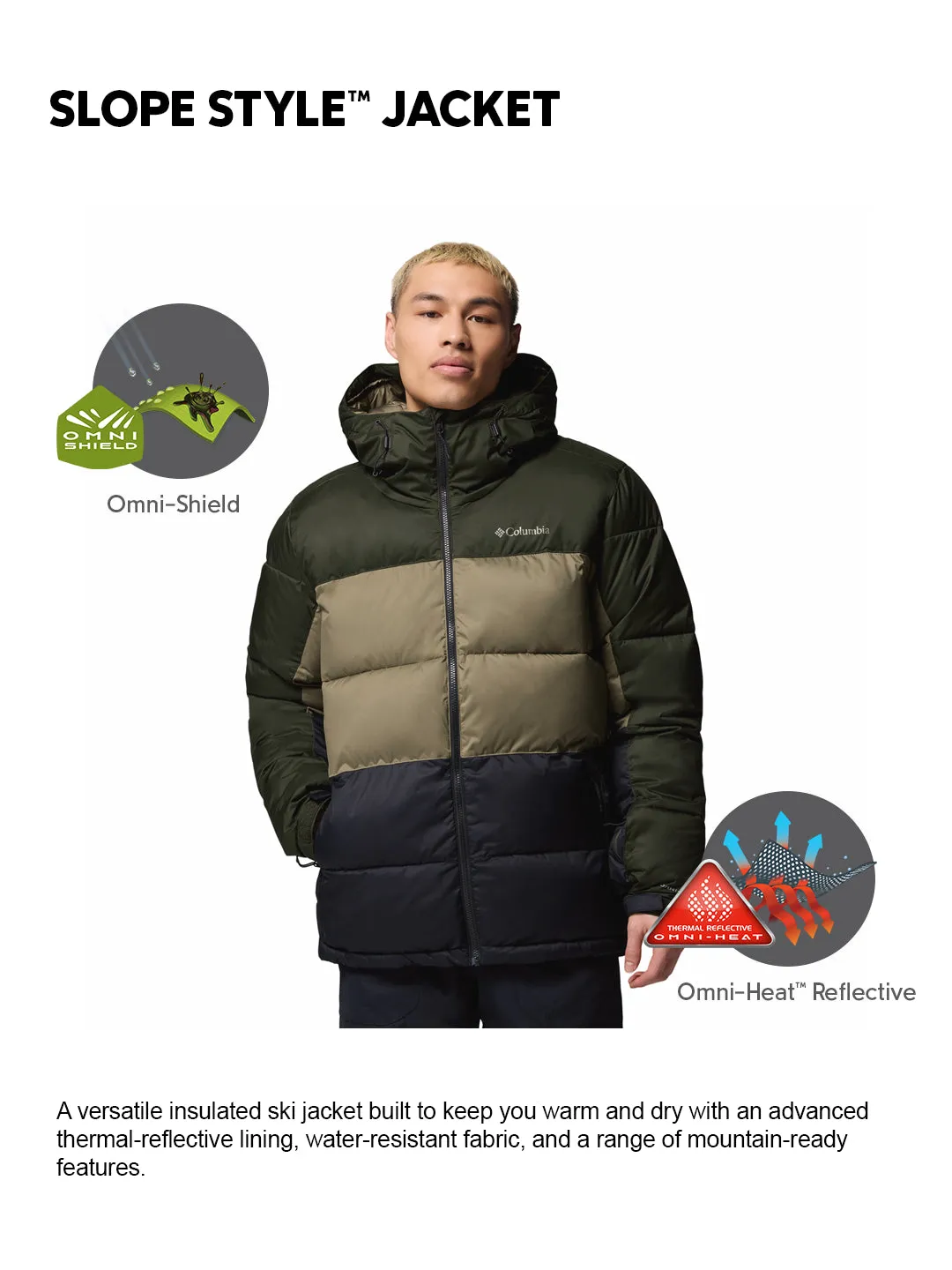 Columbia Men Green OmniHeat Reflective Slope Style Down Jacket swimmers casual outing