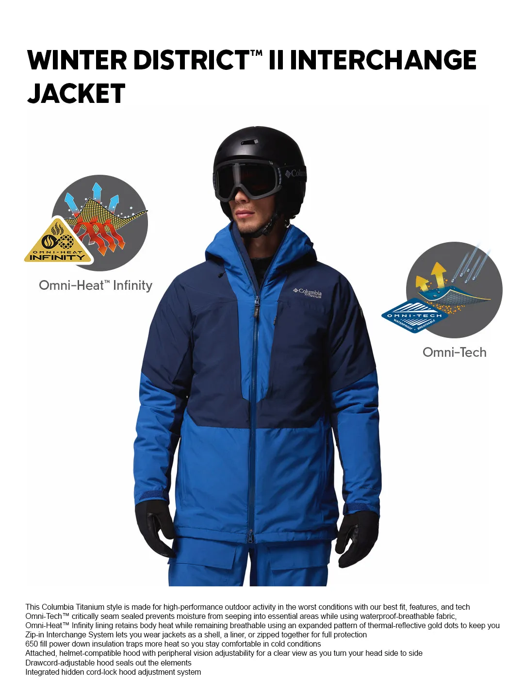 Trail Travel Columbia Men Navy Blue OmniHeat Infinity Winter District II Interchangeable Jacket