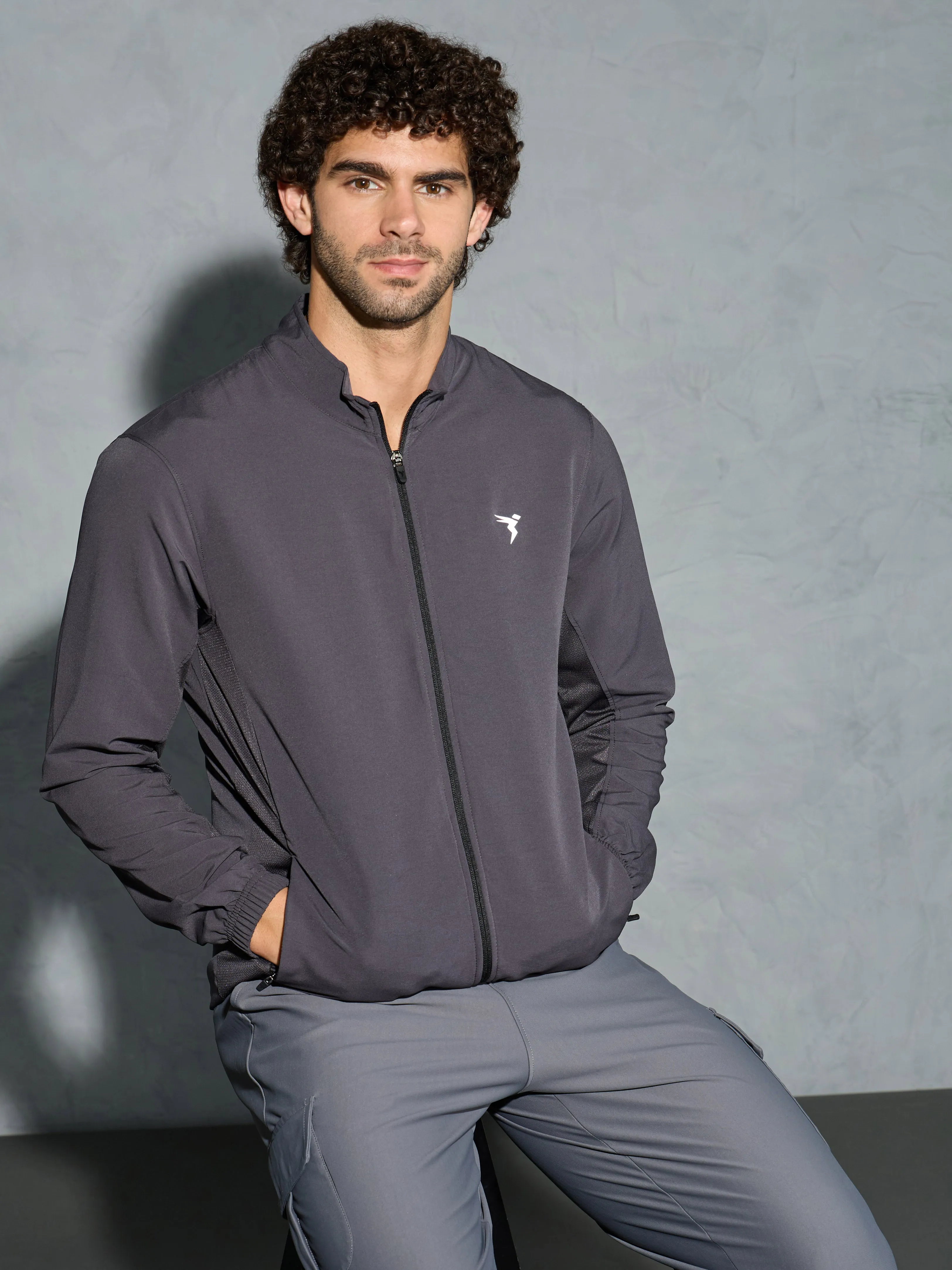 Men Solid Slim Fit Mock Neck Jacket with TECHNOLITE Energy Flow TemperatureRegulatingLining