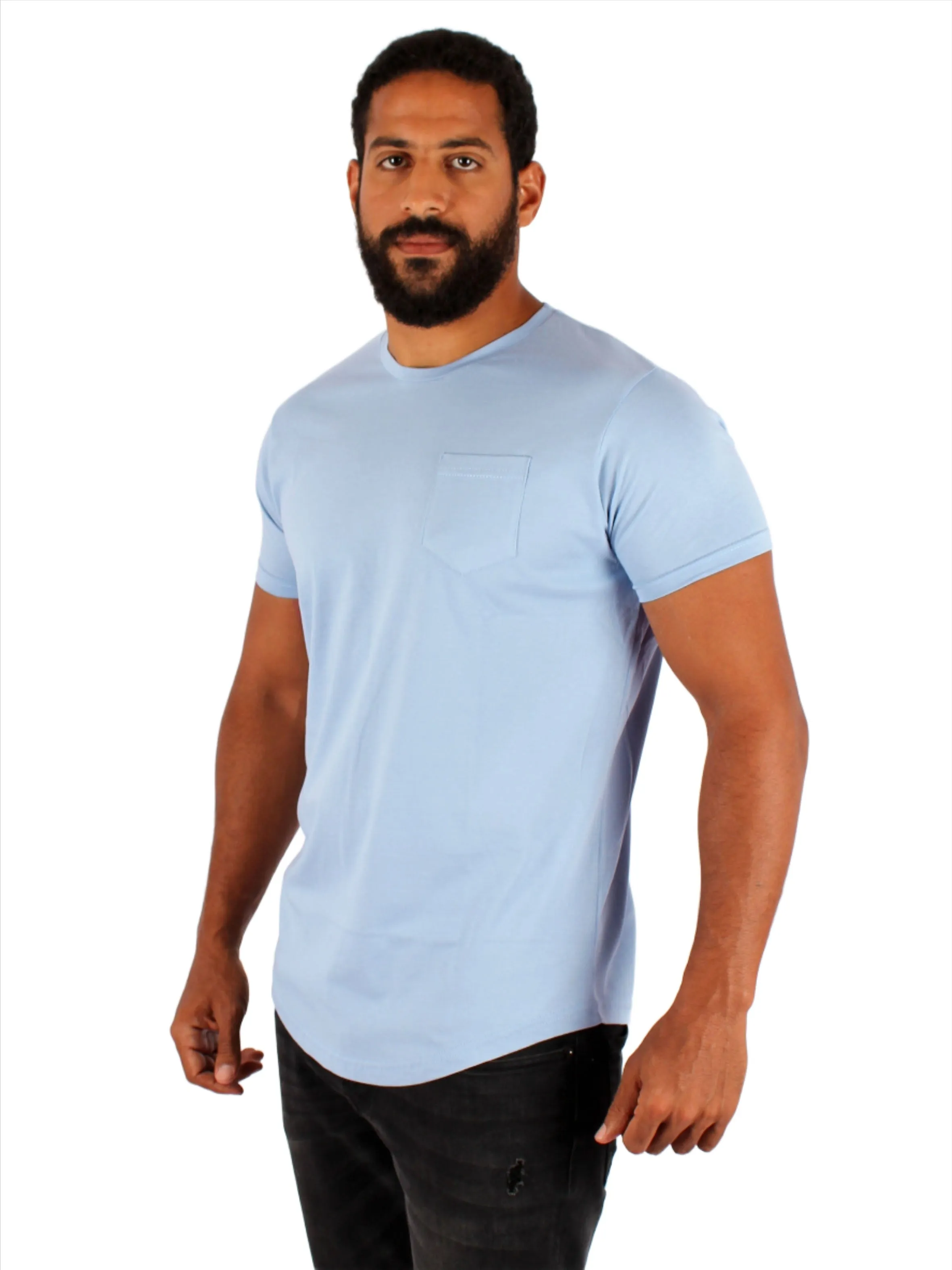 Curved Hem Pocket T-Shirt  Men-Light Blue Large Size Odor Blocking