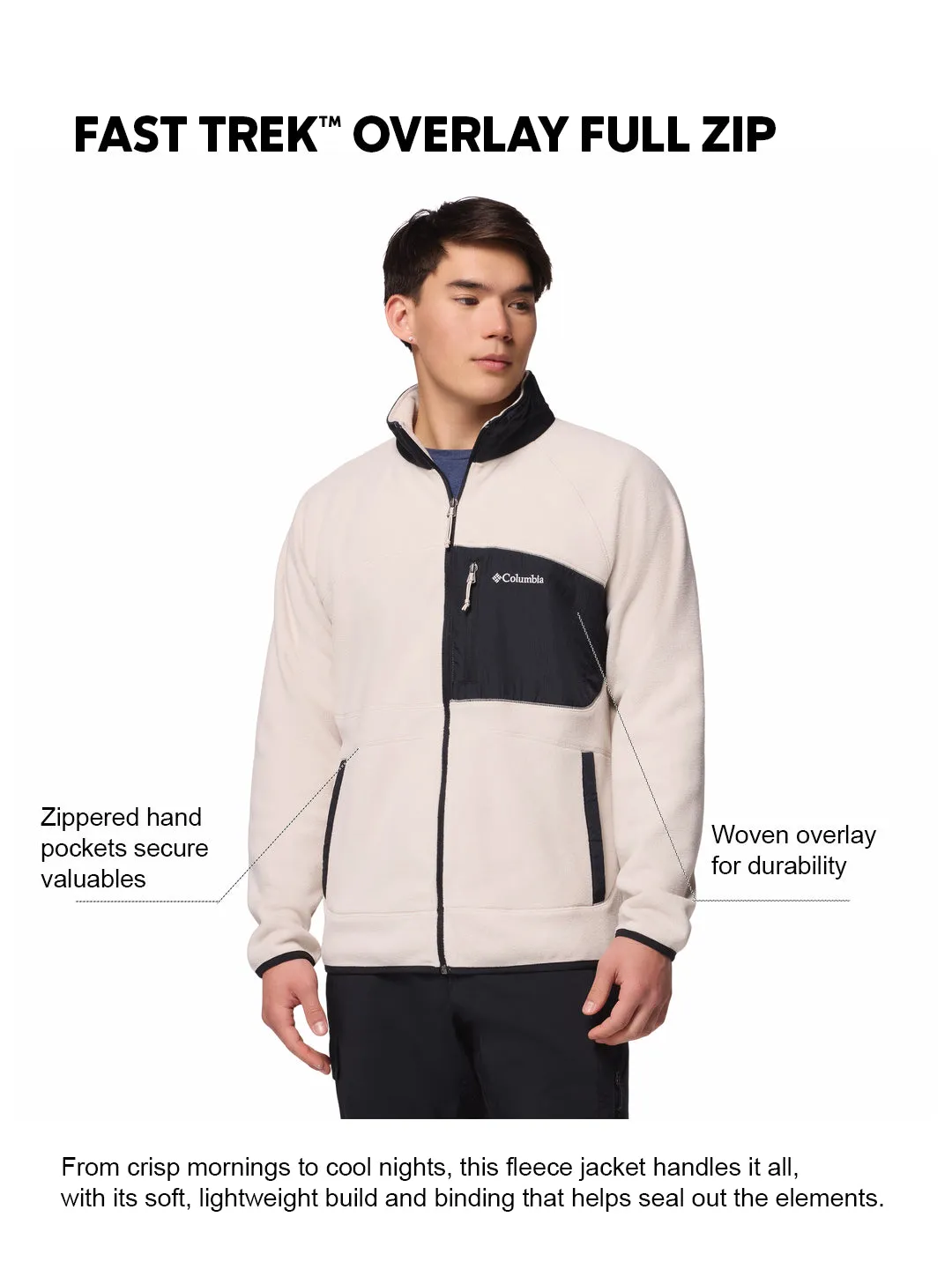 Columbia Men Beige Fast Trek Overlay Fleece Jacket Cold Mornings Everyday Look