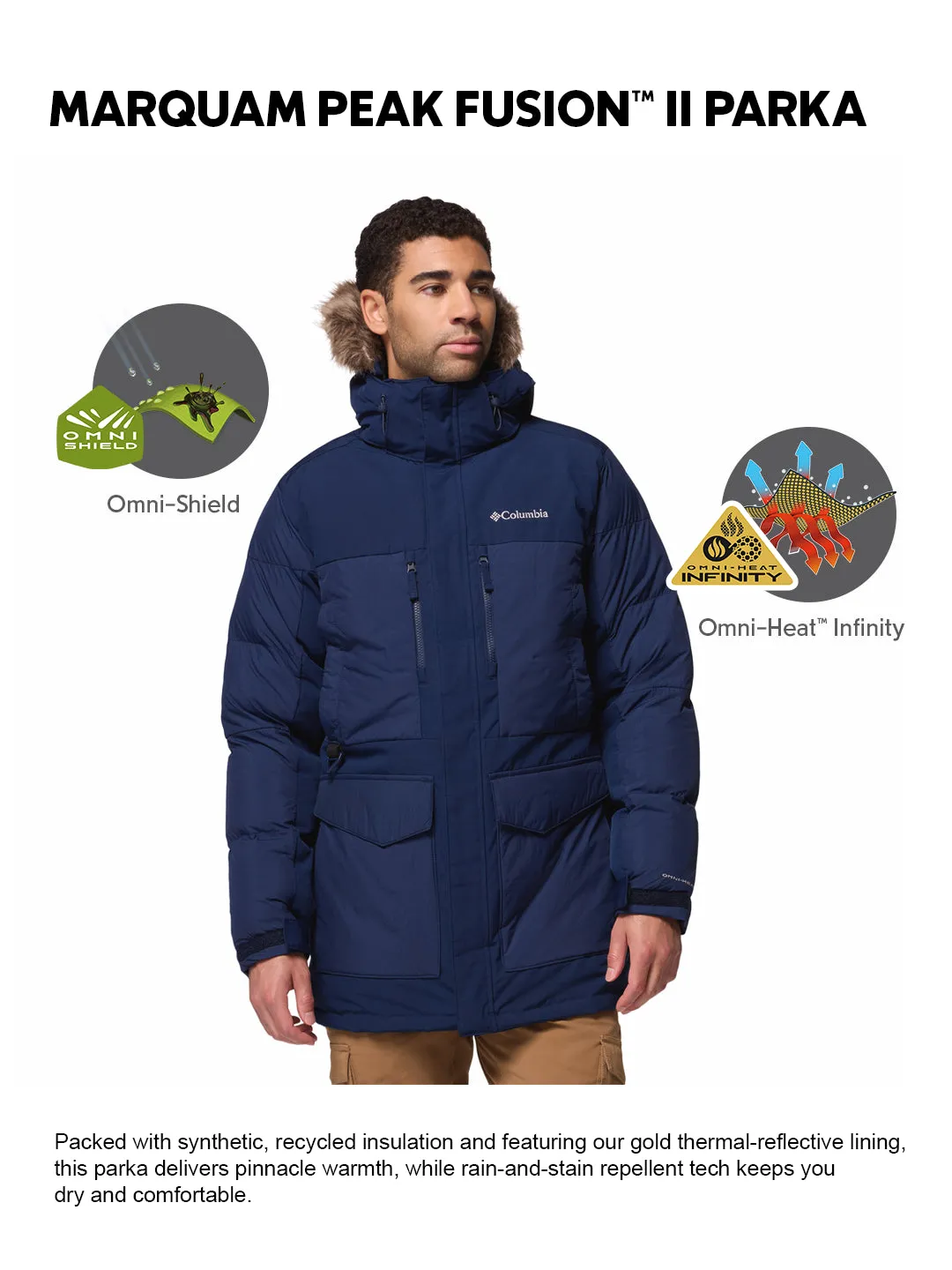 Noise Reduced Fabric Columbia Men Navy Blue OmniHeat Infinity Marquam Peak Fusion II Parka Jacket