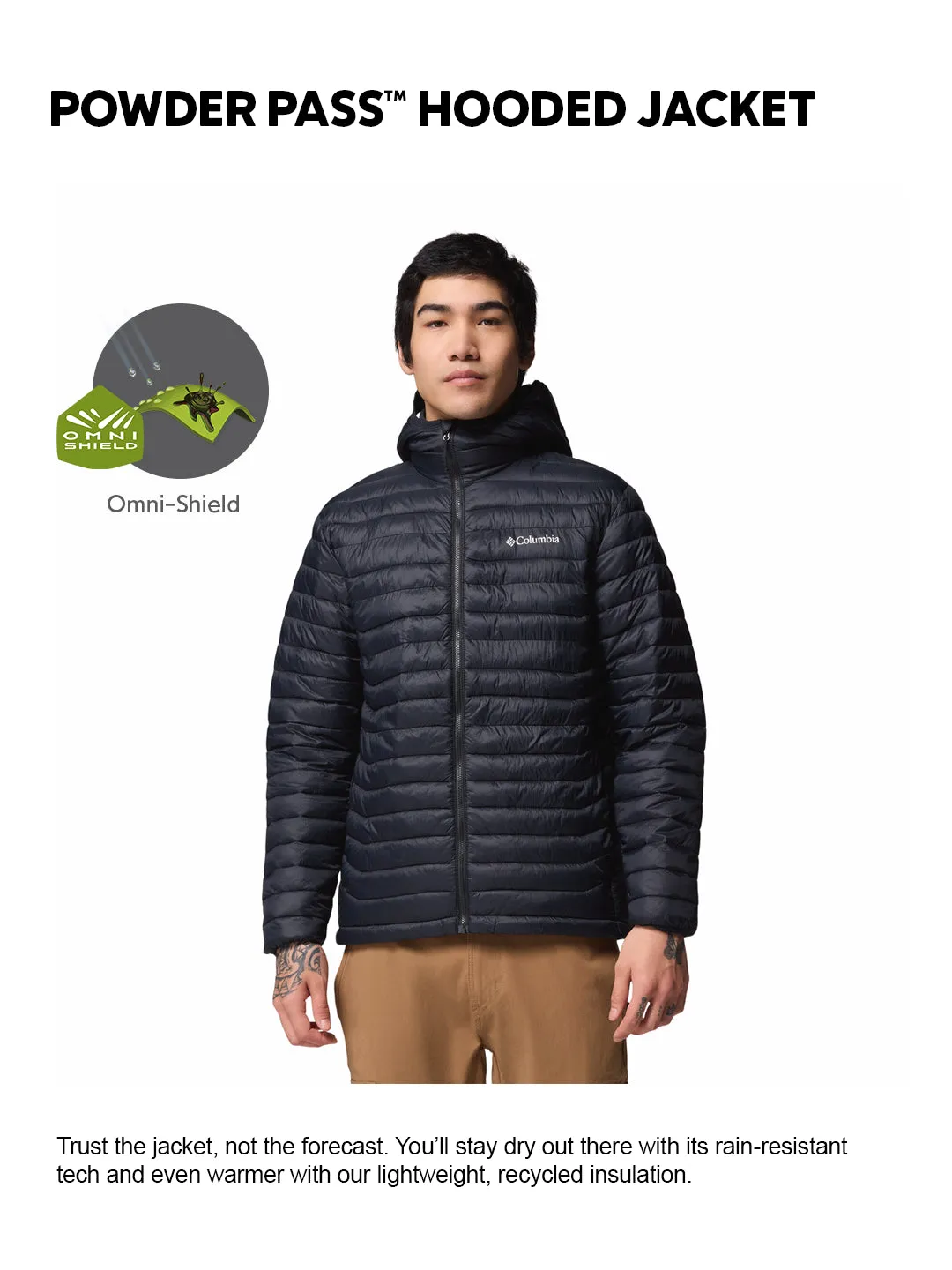 Columbia Men Black OmniShield Powder Pass Down Jacket Chilly Day Eco - friendly
