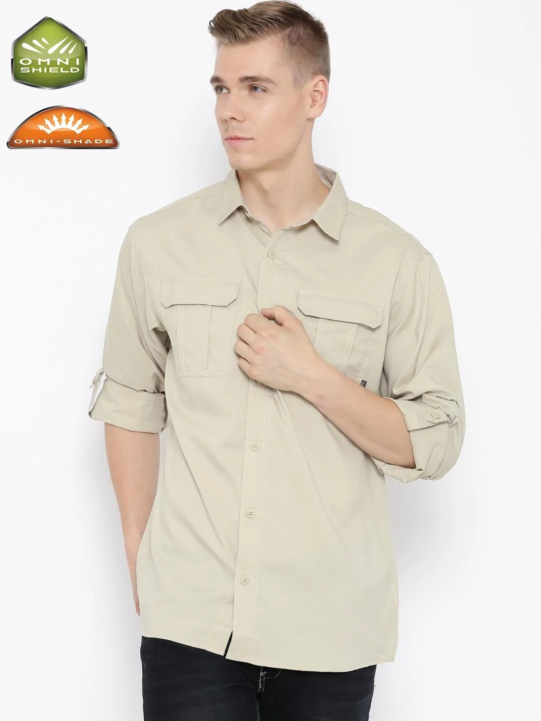 Foldable Hem AntiSnagTechnology Columbia Men Beige Voyager II Long Sleeve Shirt (Sun Protection)