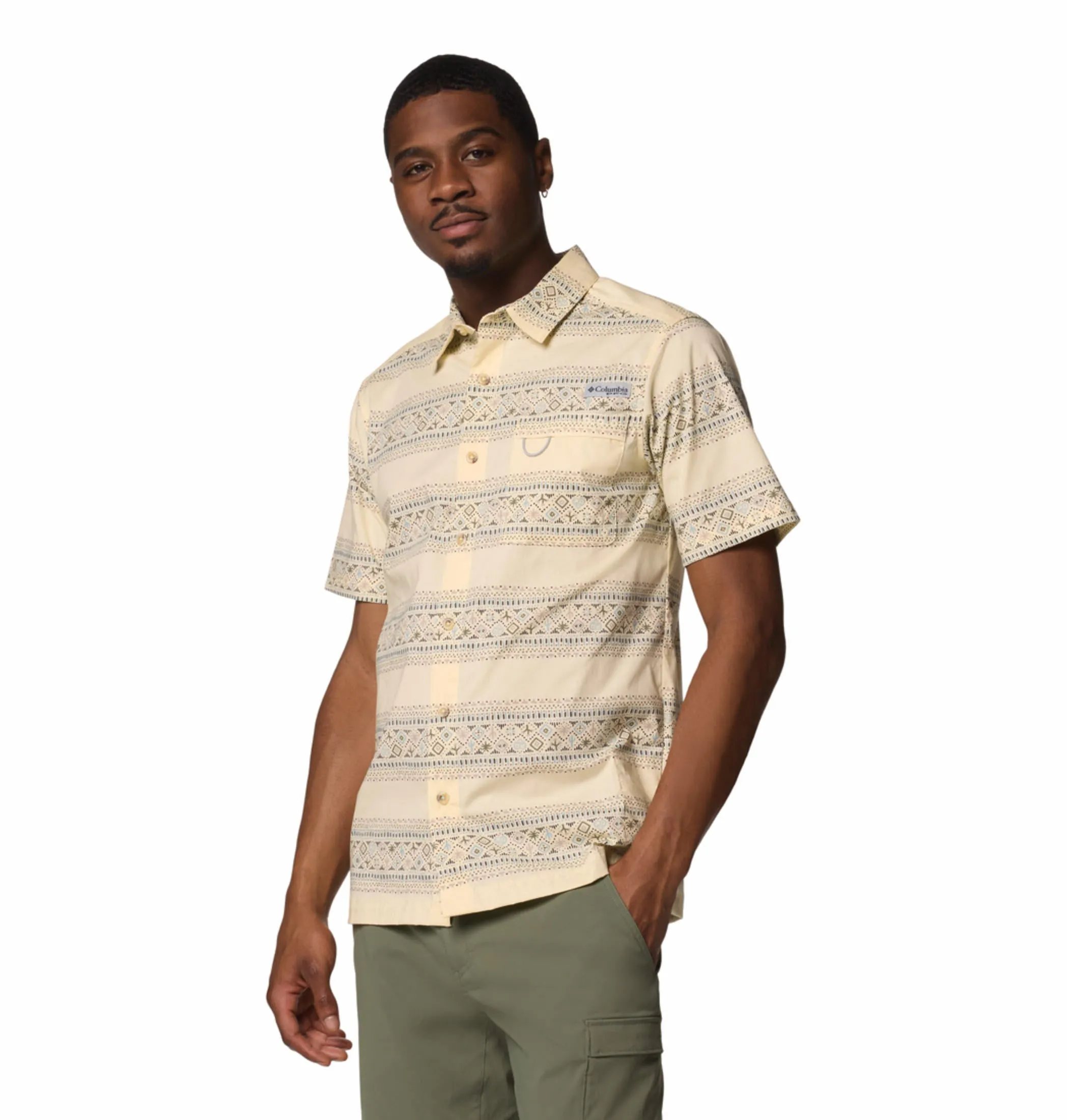 Columbia Men Yellow Wild Cast Camp Shirt Convertible Style Elastic cuffs