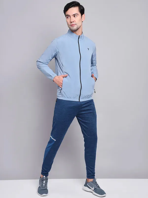 Men Solid Slim Fit Mock Neck Jacket with TECHNOLITE Leather Core