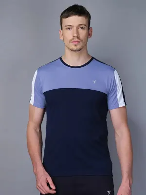 Men Colorblock Slim Fit Crew Neck T-shirt with TECHNO COOL Leather combination Stretch Design