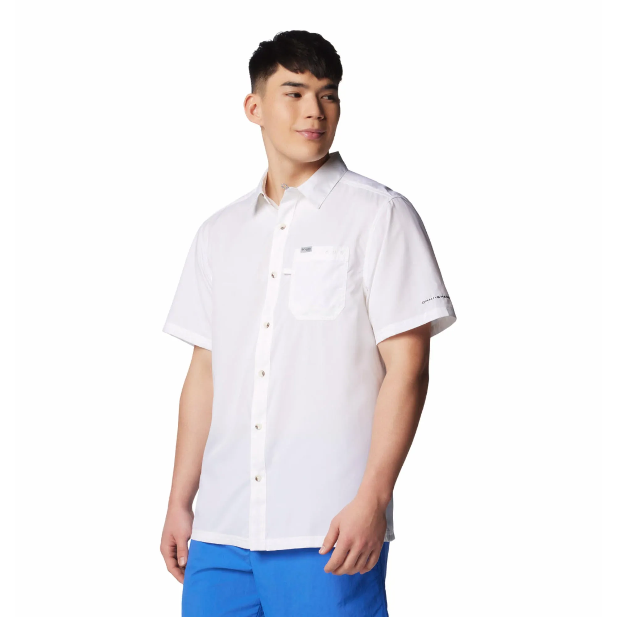 Columbia Men White Slack Tide Camp Shirt (Sun Protection) Summer Outerwear Busy Glow