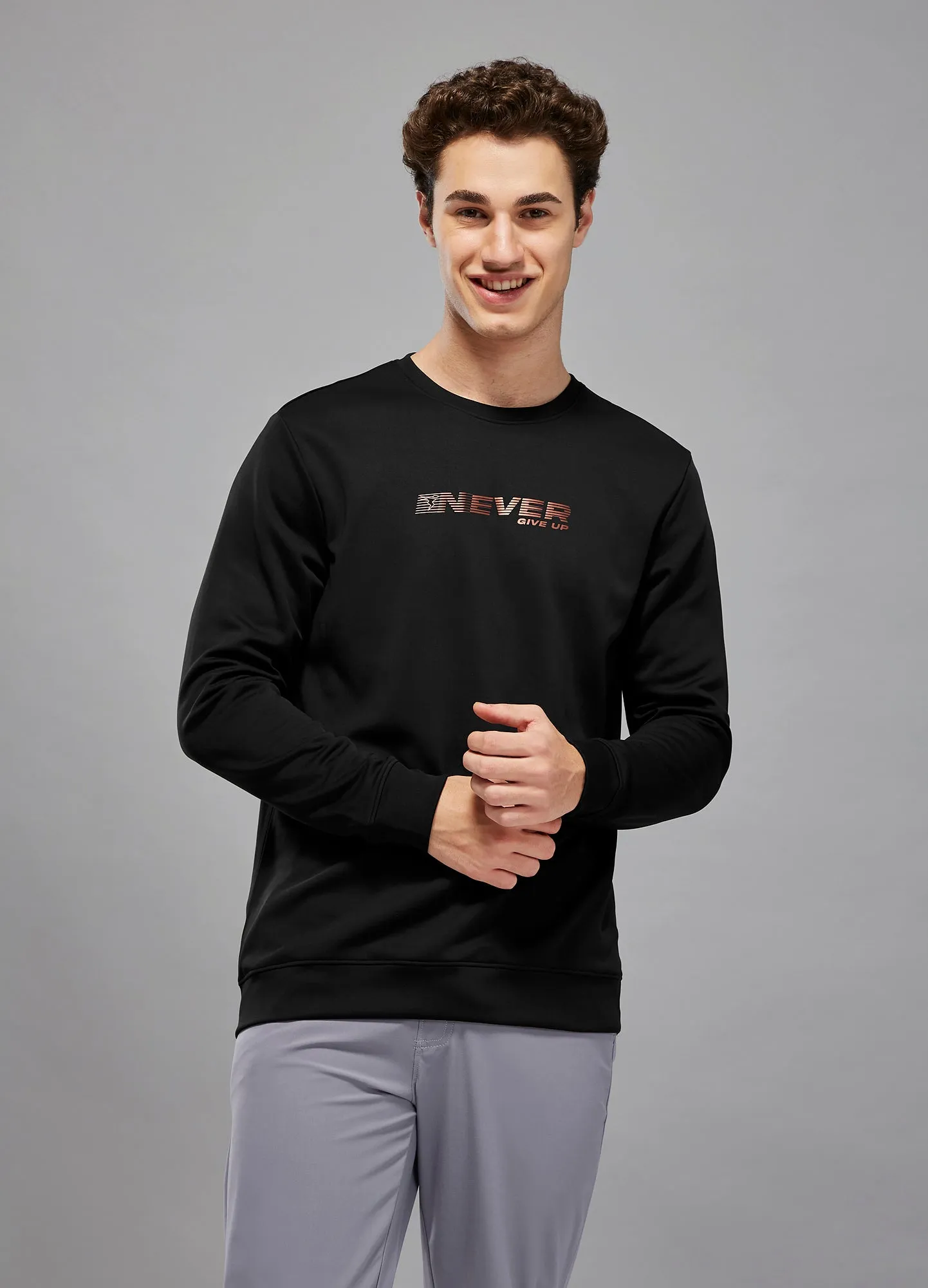 Men Printed Slim Fit Crew Neck Sweatshirt with ELASTO PLUS Festival Outfit Cozy Mood