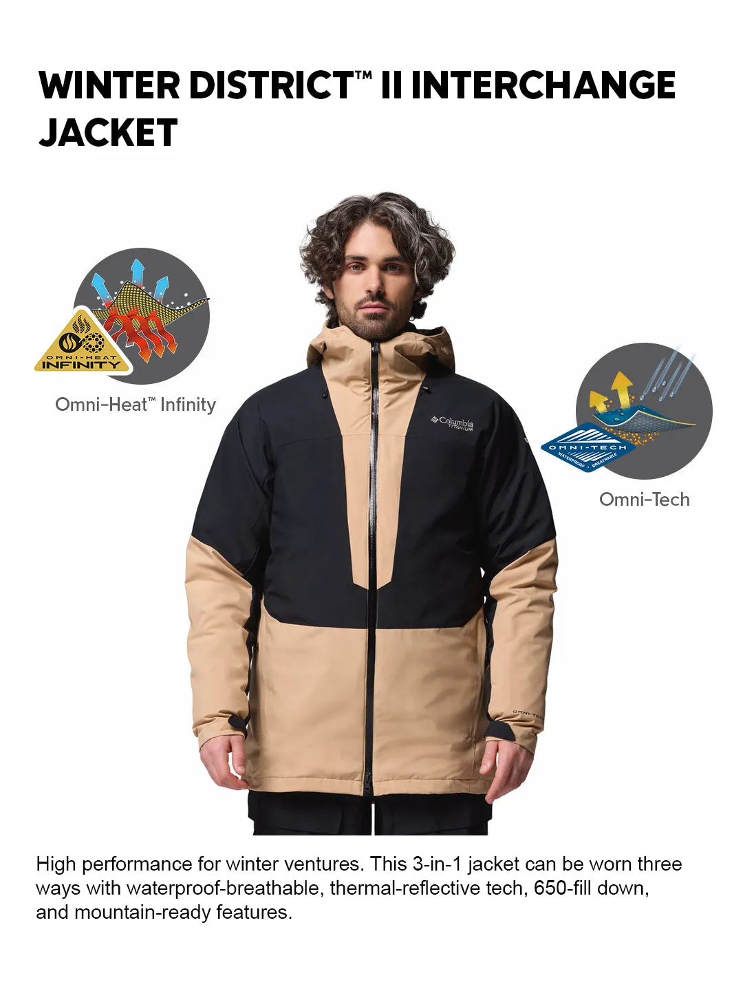 Columbia Men Beige OmniHeat Infinity Winter District II Interchangeable Jacket Quick Drying Ergonomic Design