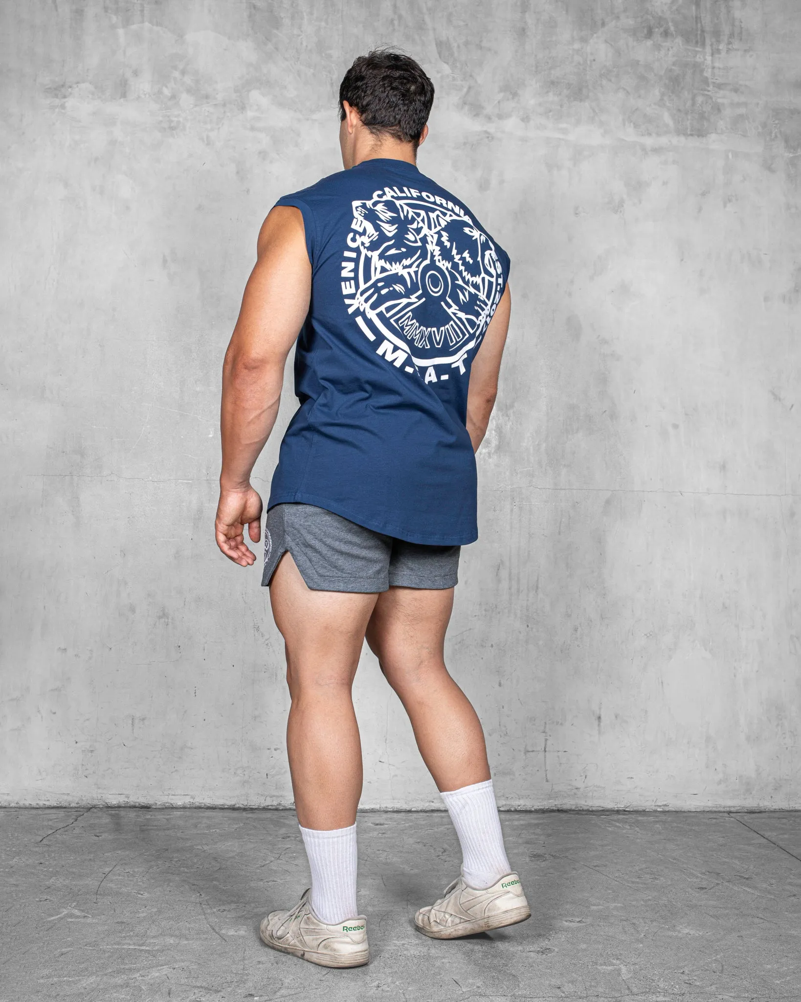 CUTOFF MUSCLE TEE - ORIGIN / NAVY BLUE Breathable Construction Moisture Lock Layer
