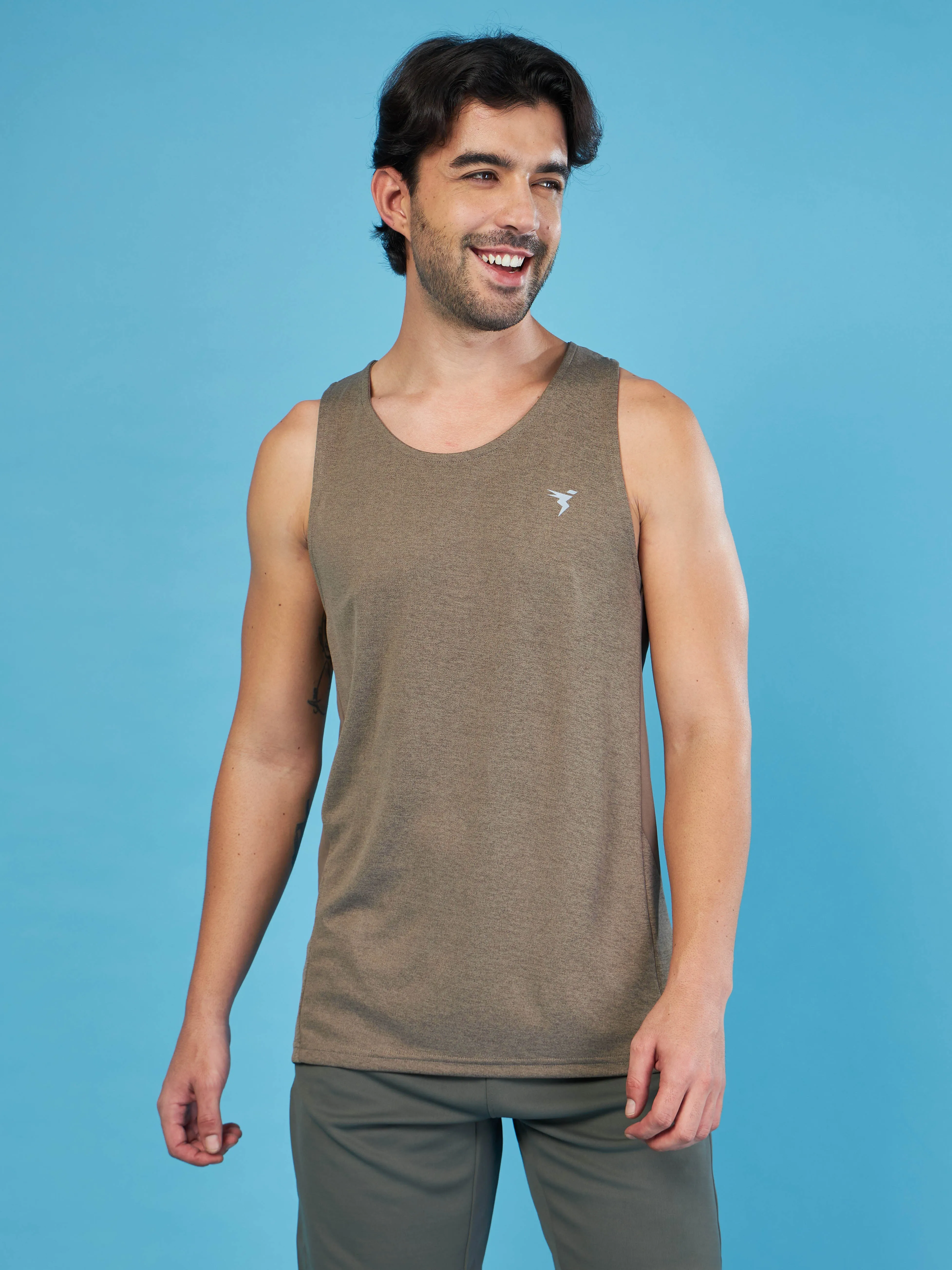 Layered Binding Edges Men Melange Slim Fit Round Neck Sports Innerwear Vest with DOUBLE COOL