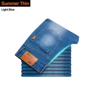 Flexible Waist Classic style Men's Jeans-Business Casual Stretch Slim Denim Light Blue Black Trousers
