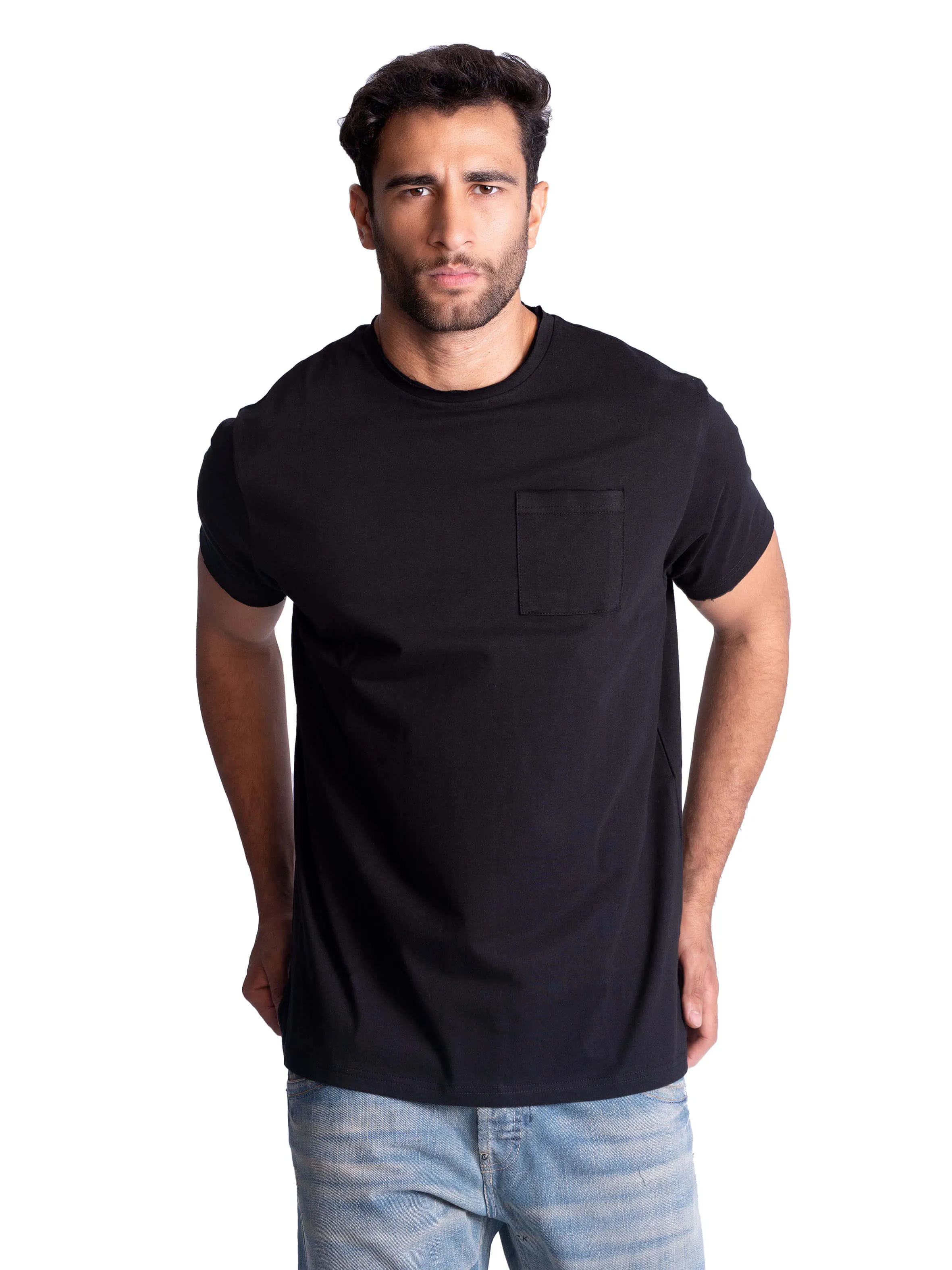 Ultra Lightweight Build Raw-Edge Pocket Cotton T-Shirt - Black