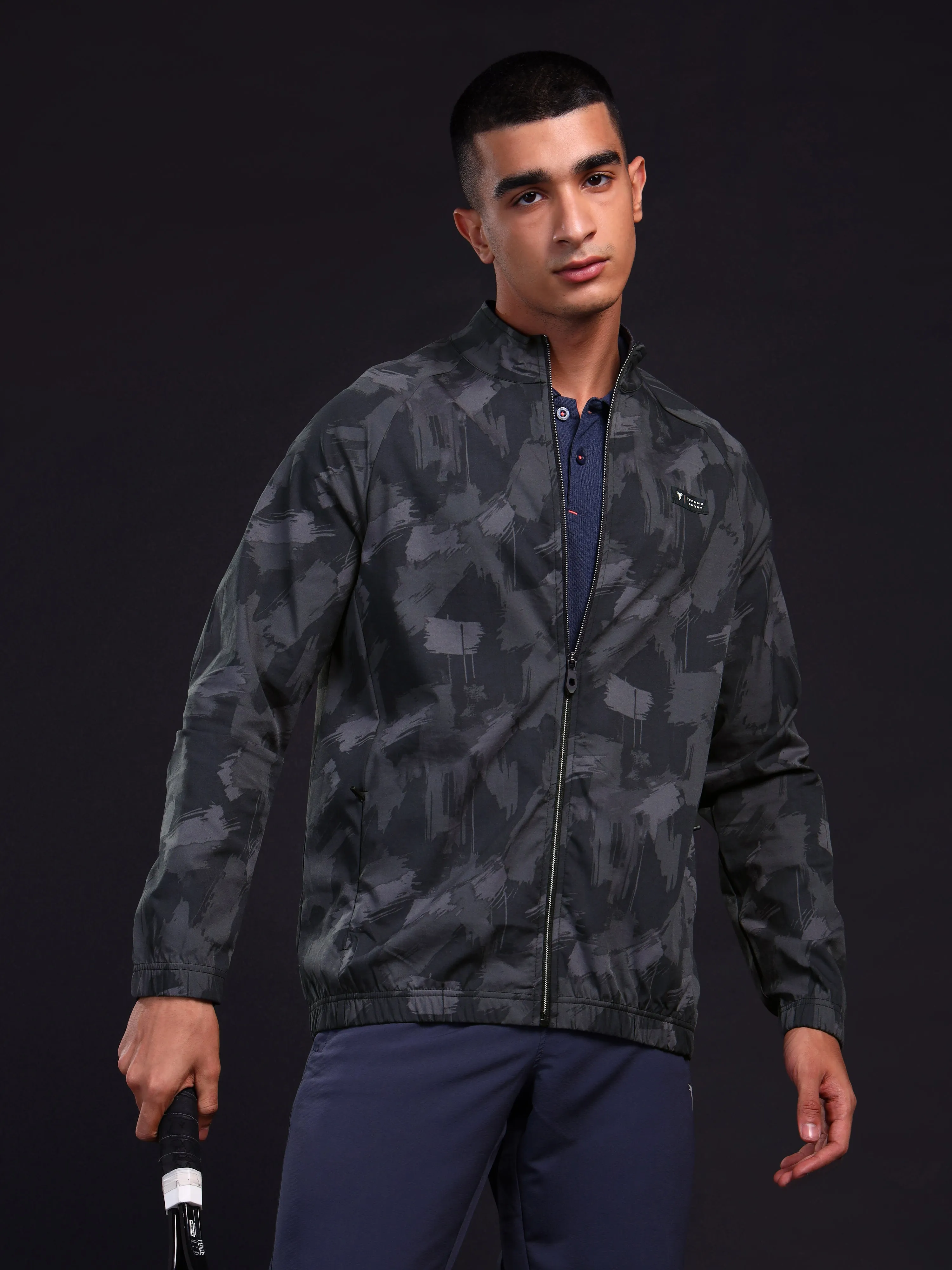 Stretchable Fabric Men Printed Slim Fit Mock Neck Jacket with TS FLEXI