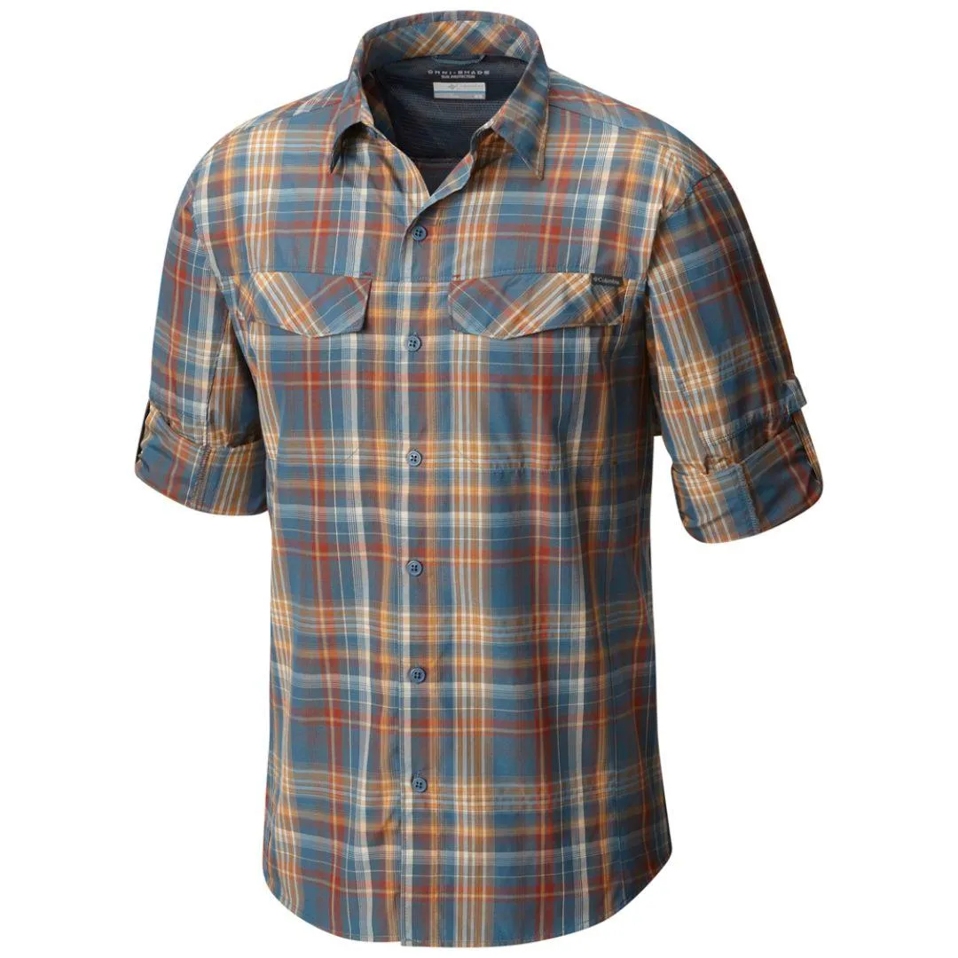 Columbia Men Blue Silver Ridge Plaid Long Sleeve Shirt (Sun Protection) Quick Core DurableSeams