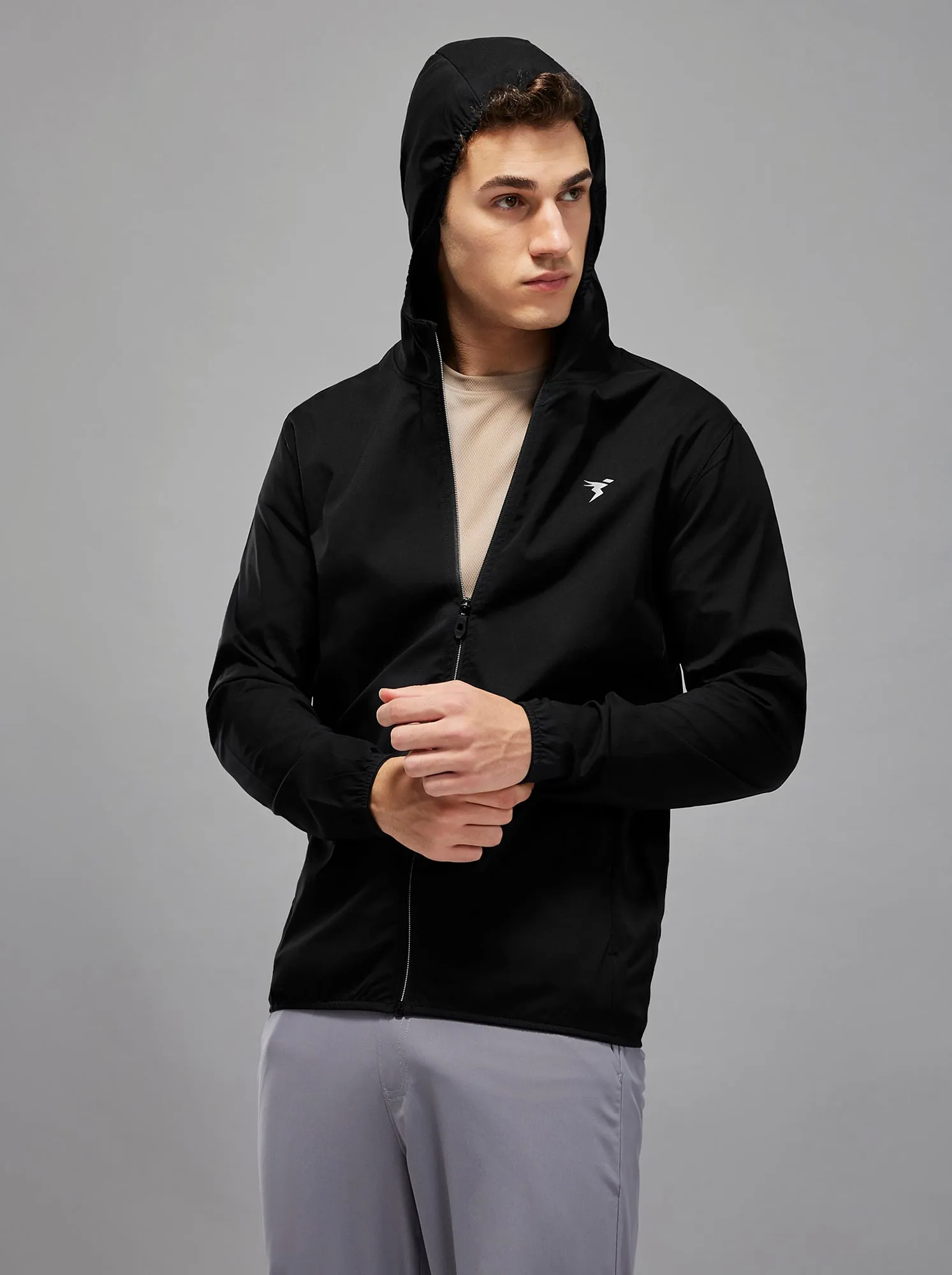 ReinforcedHems Men Solid Slim Fit Hooded Jacket with TS FLEXI
