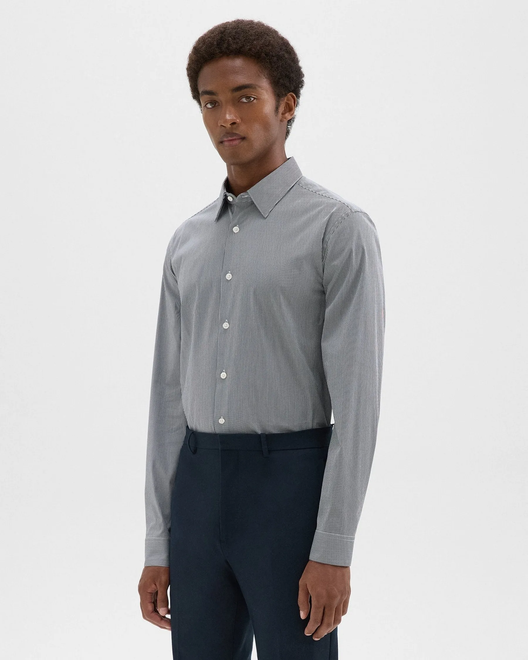 Theory Irving Poplin Micro Check Shirt - White/Navy Coastal Chic