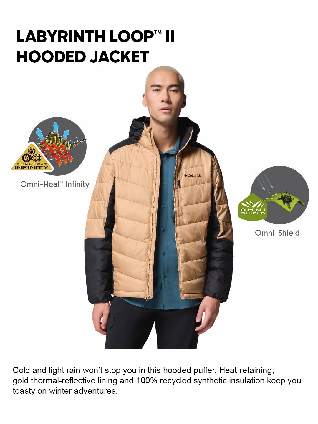 Columbia Men Beige OmniHeat Infinity Labyrinth Loop II Down Jacket AdjustableCuffs Grow