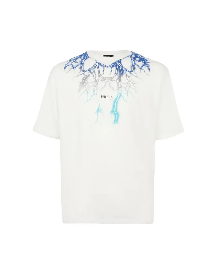 Phobia T-shirt unisex bianca con fulmini blu grigi azzurri PH00107BLGRLB Comfy Fit