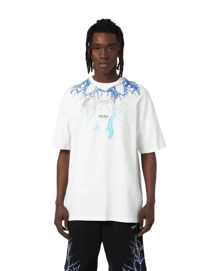 Phobia T-shirt unisex bianca con fulmini blu grigi azzurri PH00107BLGRLB DropShoulderDesign Leisure Wear