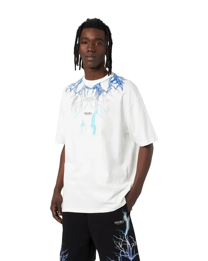 Chic Fashion Phobia T-shirt unisex bianca con fulmini blu grigi azzurri PH00107BLGRLB