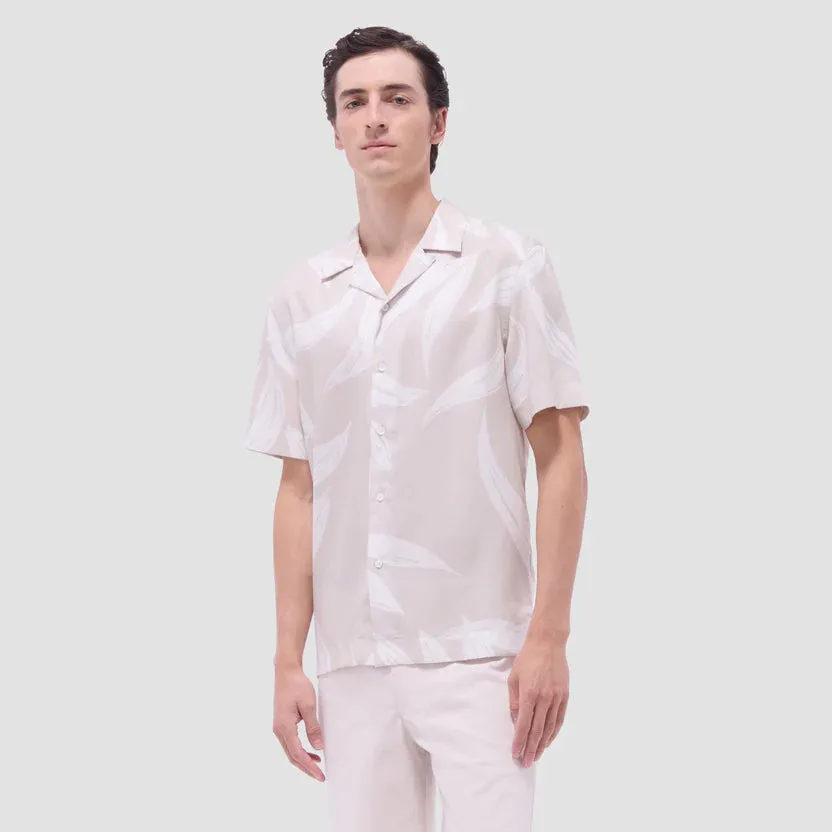 Bugatchi Jackson Leaf Print Short Sleeve Camp Shirt - Almond Reflective details